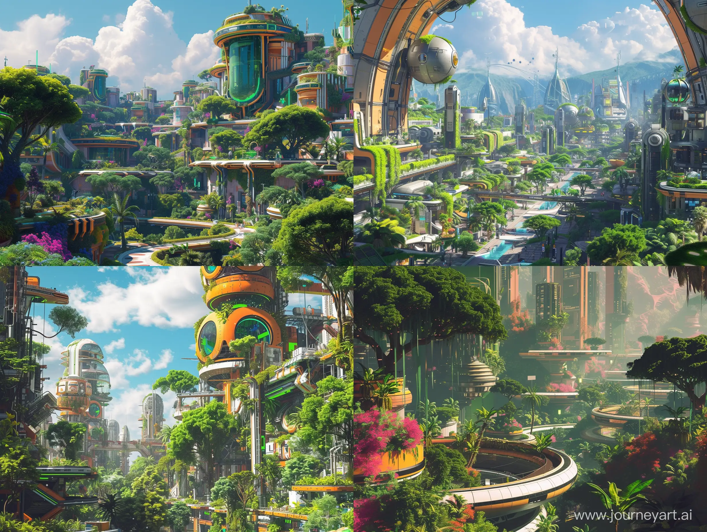 A vibrant, futuristic city with lush greenery, inspired by the artistic styles of Roger Dean and Ralph McQuarrie. It features a retro science fiction art style with colorful and surreal elements. --v 6 --ar 4:3 --no 293