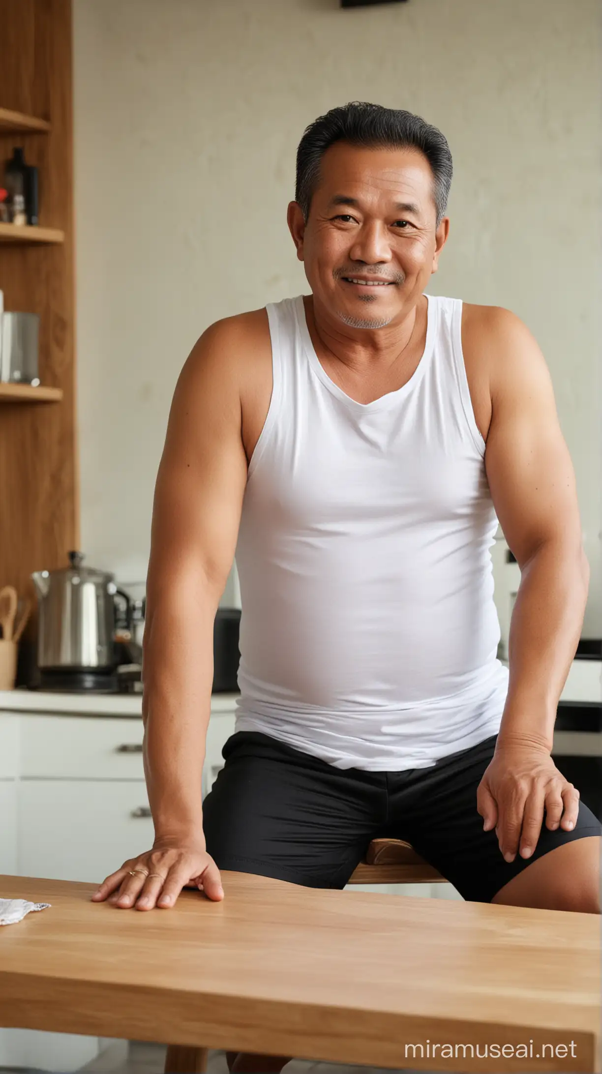 Foto realistis,pria indonesia usia 55 tahun memakai baju tank top putih,celana hitam pendek,badan gemuk,sedang duduk di kursi meja makan,latar belakang dapur