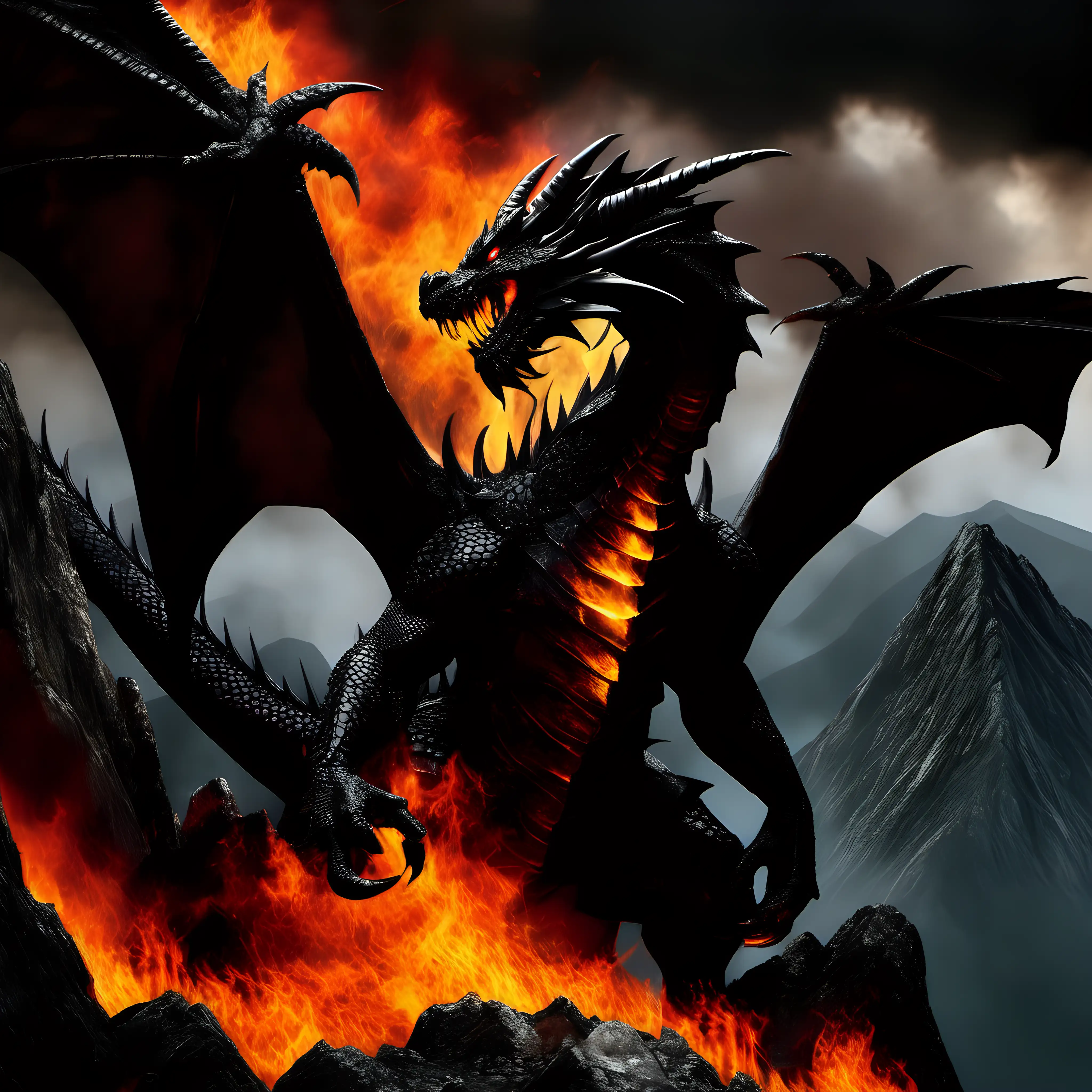 black dragon, dark mountain scene, fire