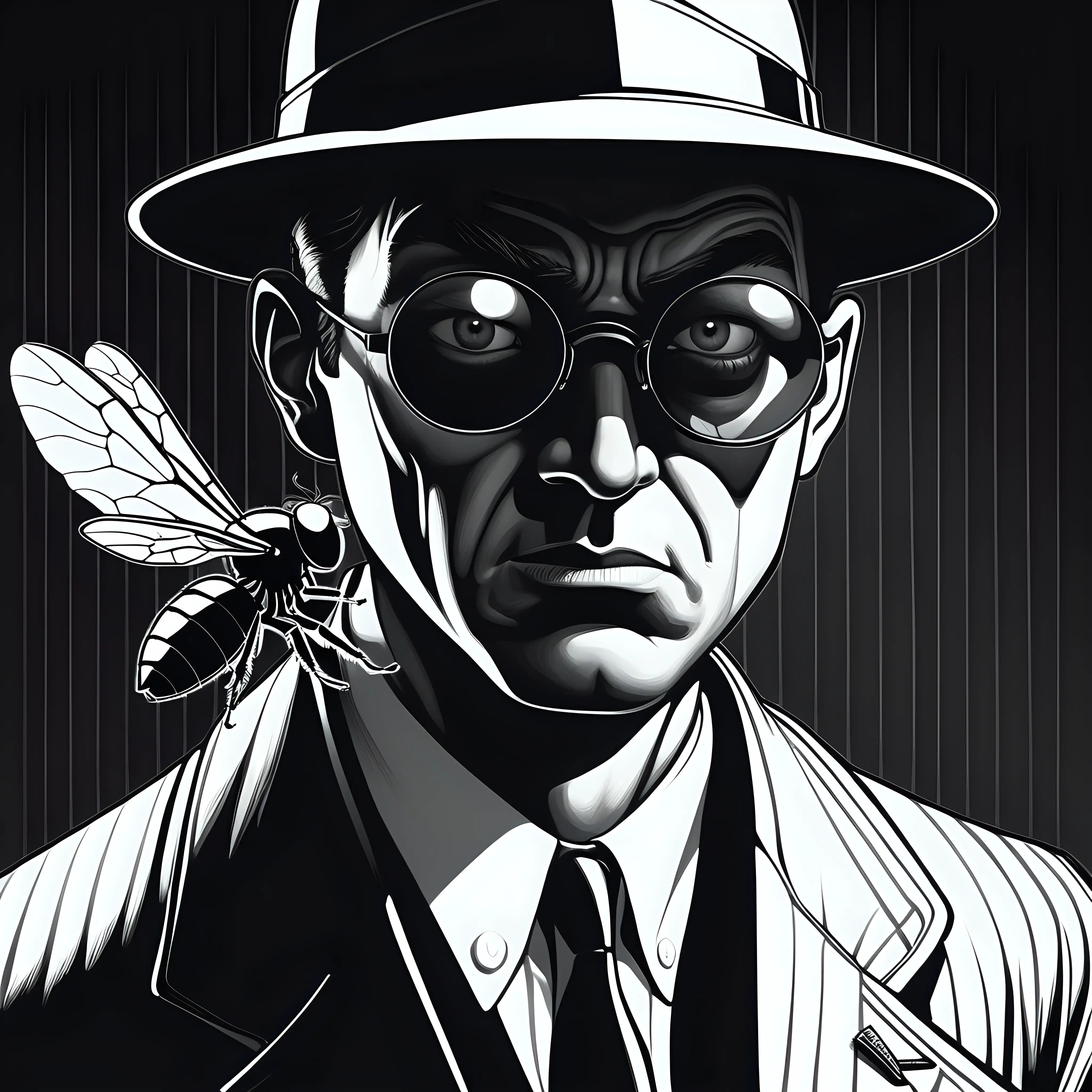 Create a spy movie character with the face of a fly in a noir graphic novel style