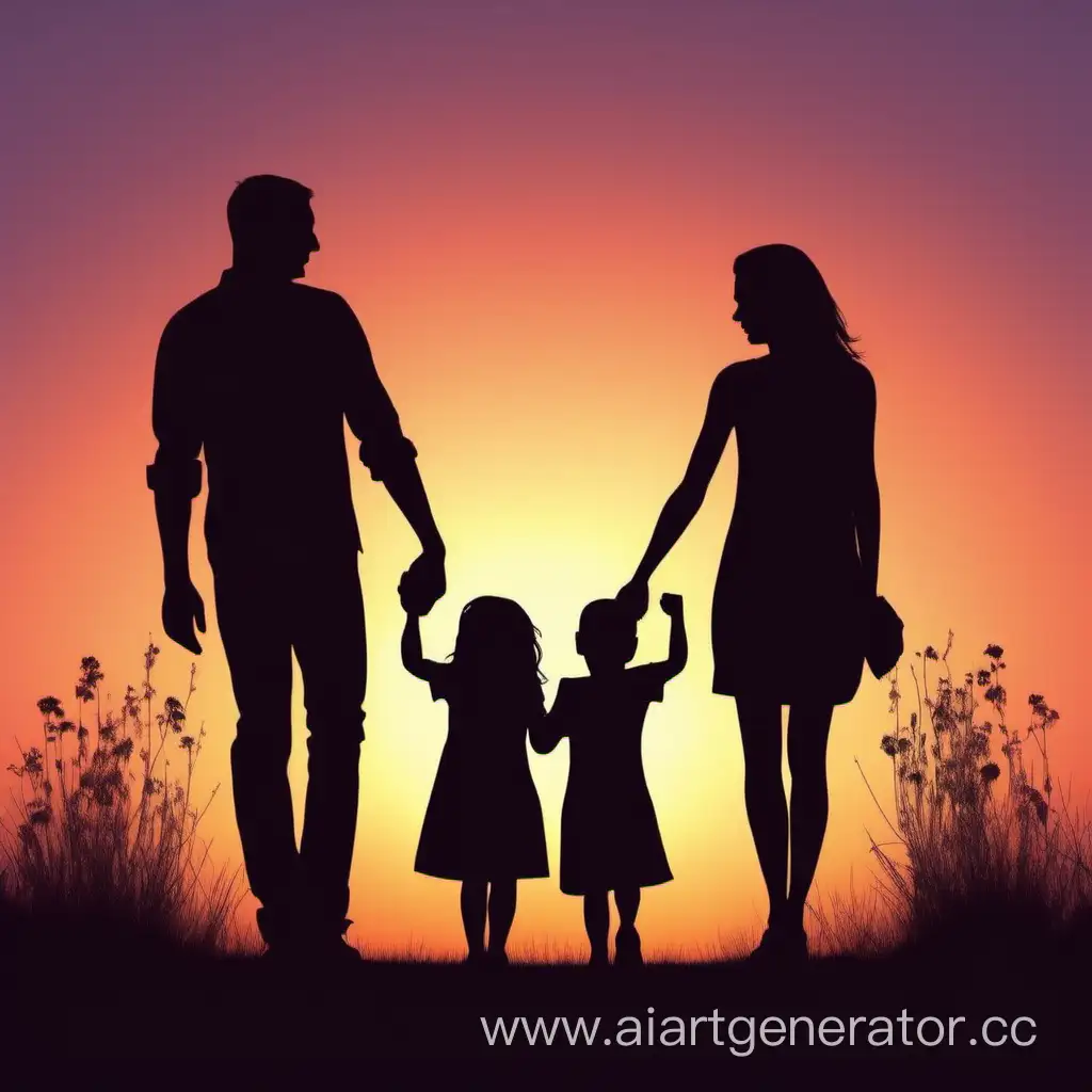 happy family bp 4 people. mom, dad, one little daughter, one son, holding hands, sunset, silhouette. Dream