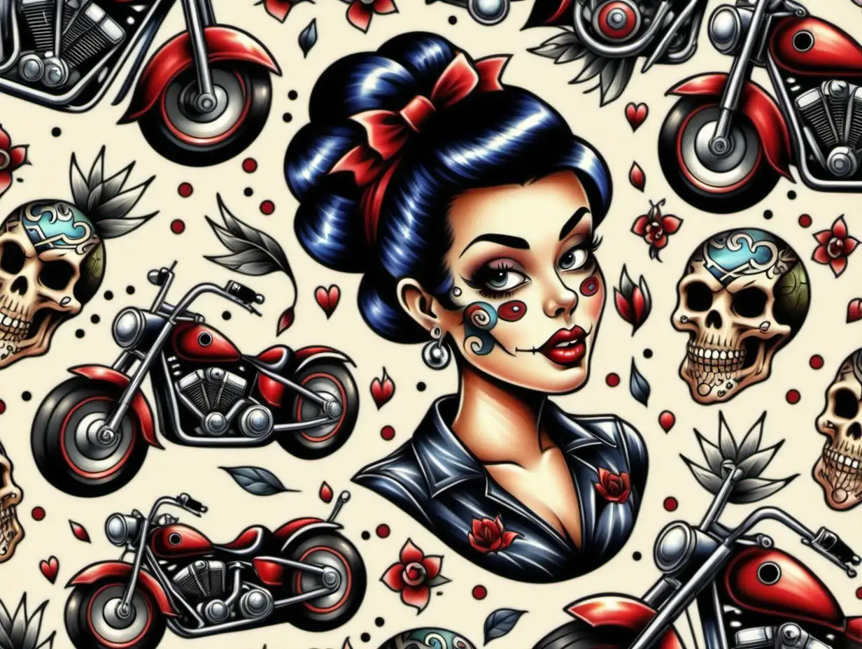Pattern seamless,  Oldschool tattoo Design, rockabilly, pinup girl, motorcycle, skull, 
