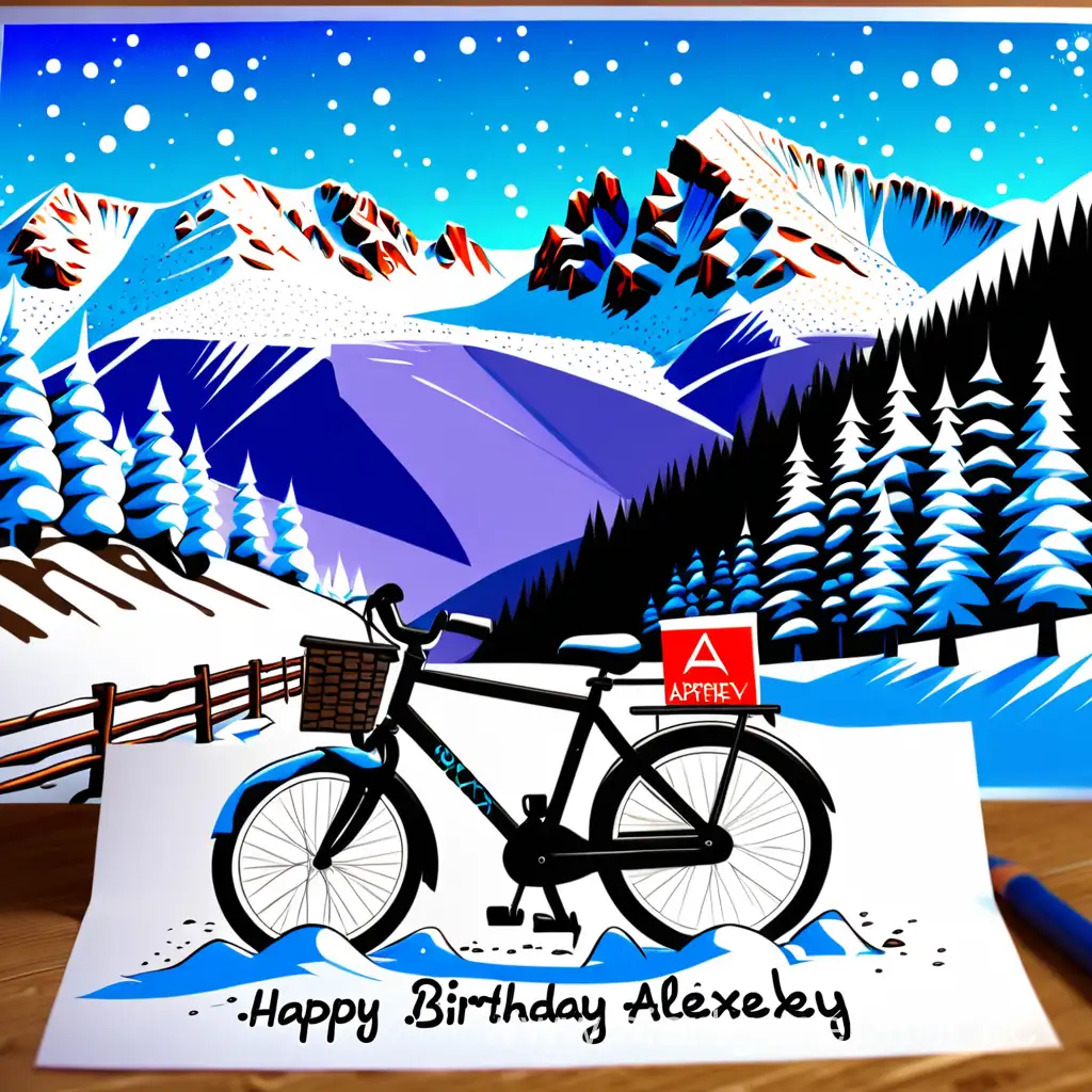 Нарисуй открытку "С днем рождения Алексей" на фоне гор с снегом и велосипедом на тропе
