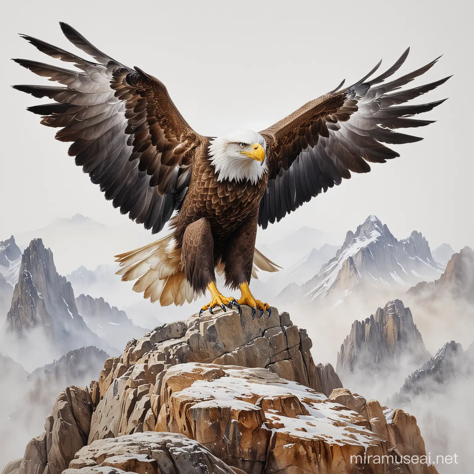 To zdjęcie przedstawia wspaniałego orła siedzącego na skale z rozpostartymi skrzydłami przed nim. Obrazek ukazuje piękno i potęgę tego ptaka, który ma symboliczne znaczenie w wielu kulturach. obraz niedokończony malowany akwarelą, białe tło
