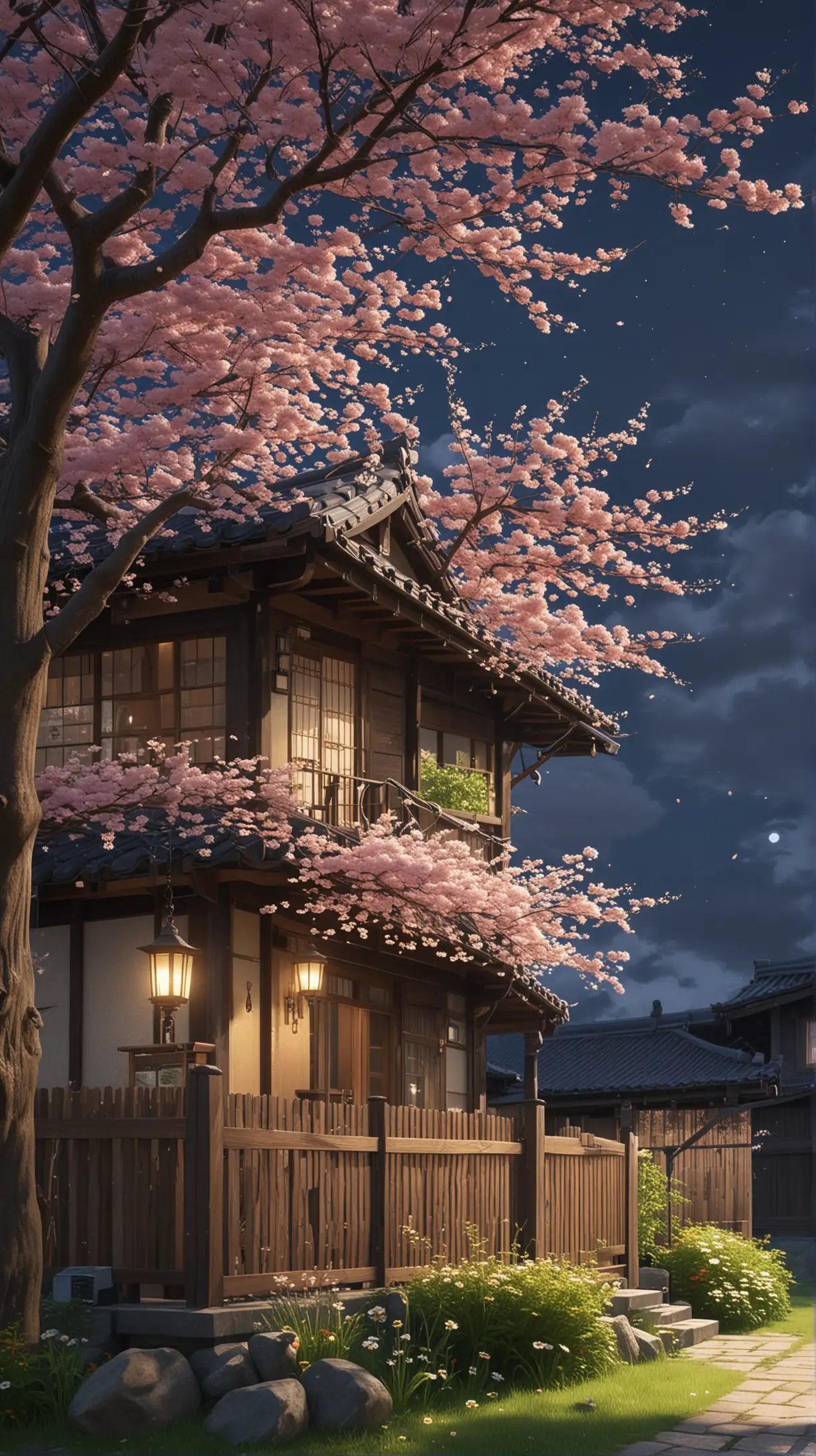 Japanese Wood House with Cherry Blossoms and Wind Chimes at Night | MUSE AI