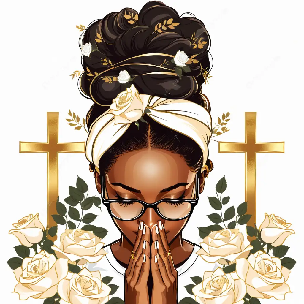 A beautiful African American woman with her head tilted down, her hands are together prayer pressed up against her face, wearing a headband and glasses, surrounded by white roses and two golden crosses stacked on top of each other, white background in the style of an illustration for a t shirt vector design