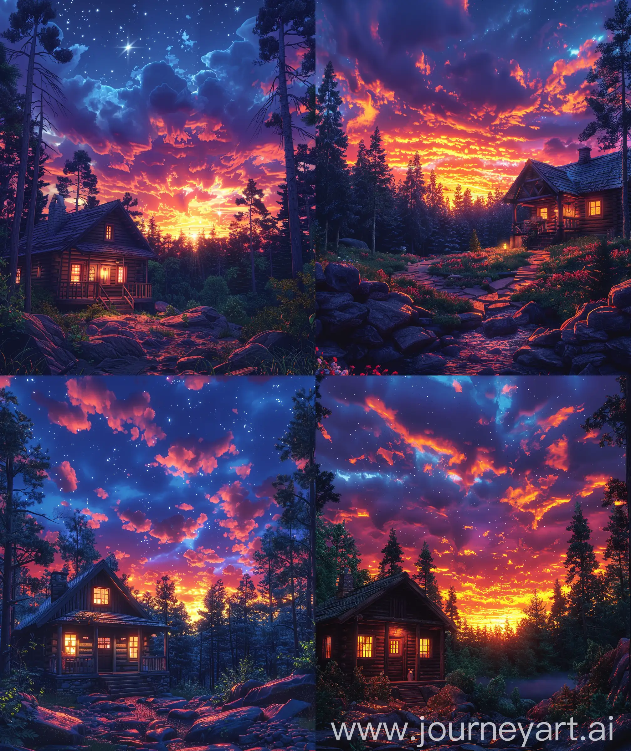 lofi anime art , vibrant sky, vibrant sunset sky , front facade view of cabin,forest, spring night, vibrant gradient,8k, highly detailed, illustration, ultra hd, High quality resolution, no blurry image, no hyperrealistic --ar 27:32 --s 600