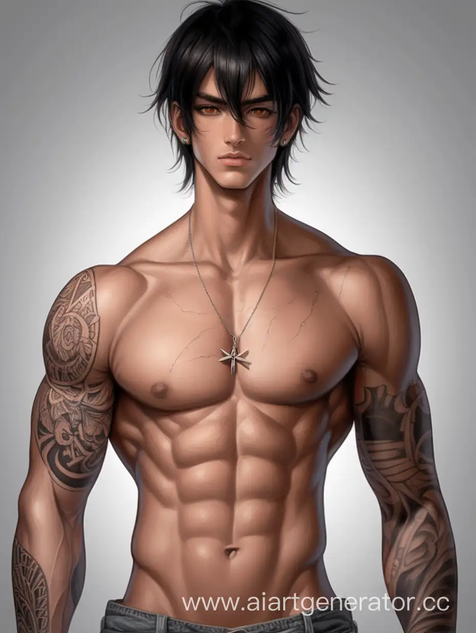 194cm tall, brown eyes, dark black hair, 23 years old, muscular body, tattoos, many scars.