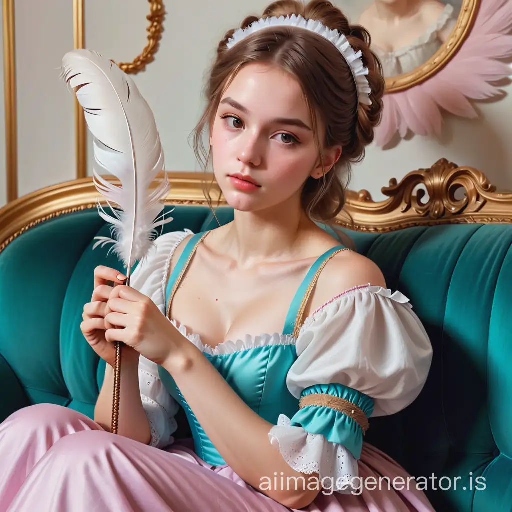 a woman sitting on a couch holding a feather wand, a colorized photo, inspired by Pierre Auguste Cot, tumblr, baroque, maid outfit, sleepy fashion model face, anastasia ovchinnikova