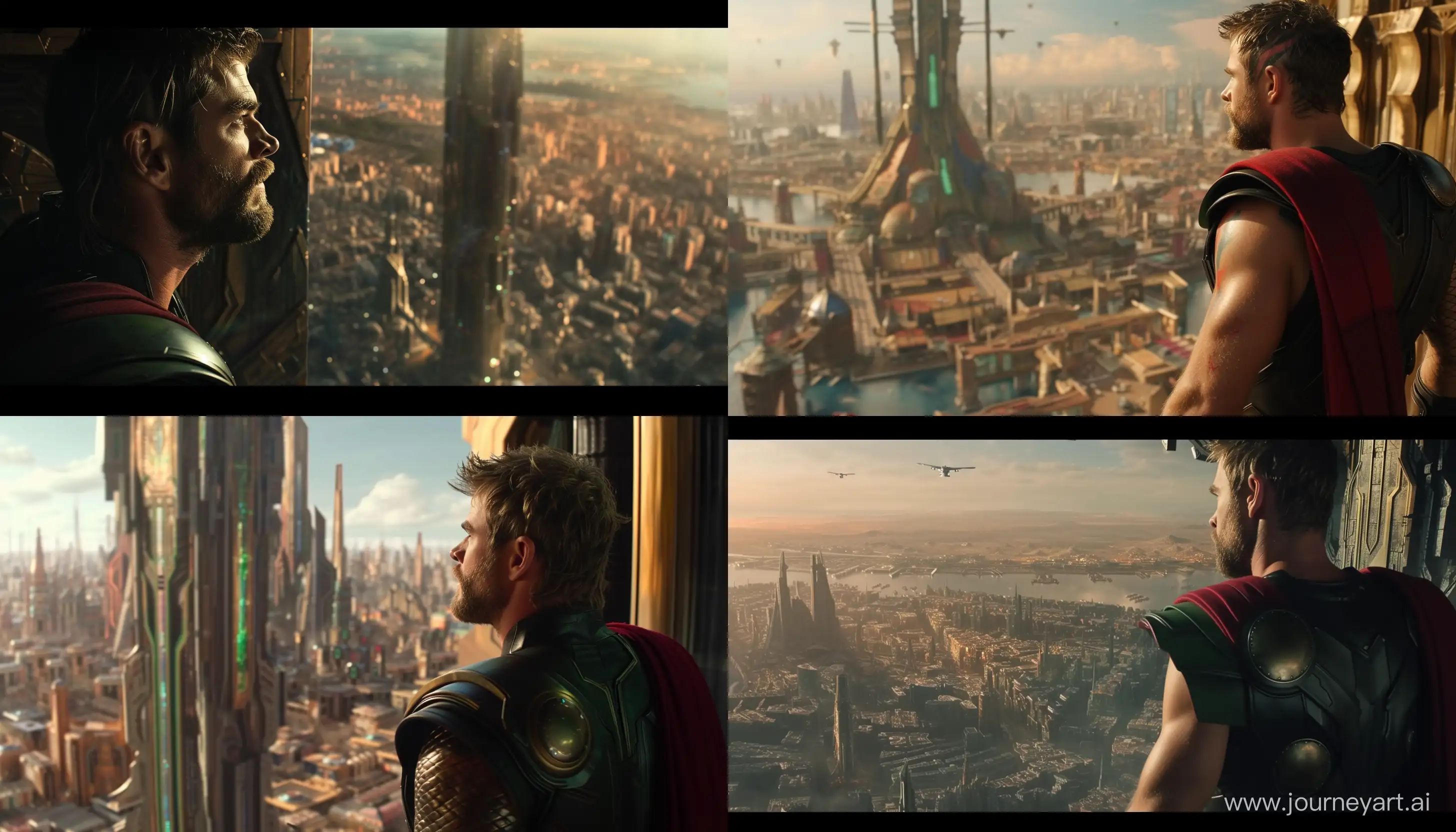Thor Ragnarok sakaar movie city thor watching City from High tower --aspect 7:4