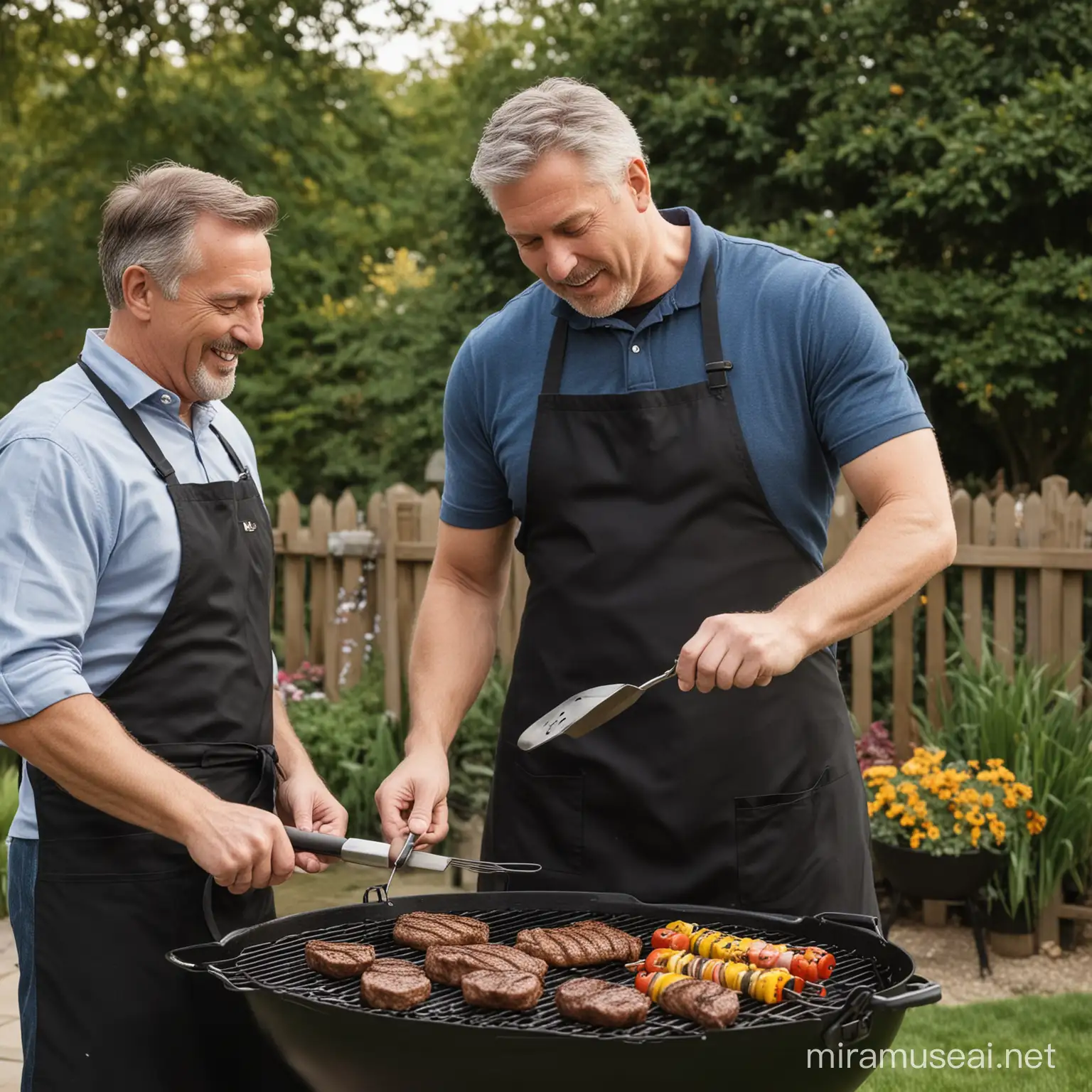 2 person pictura, 60 years old dad and young son grilling toguether, using a black apron, and a black watch,
