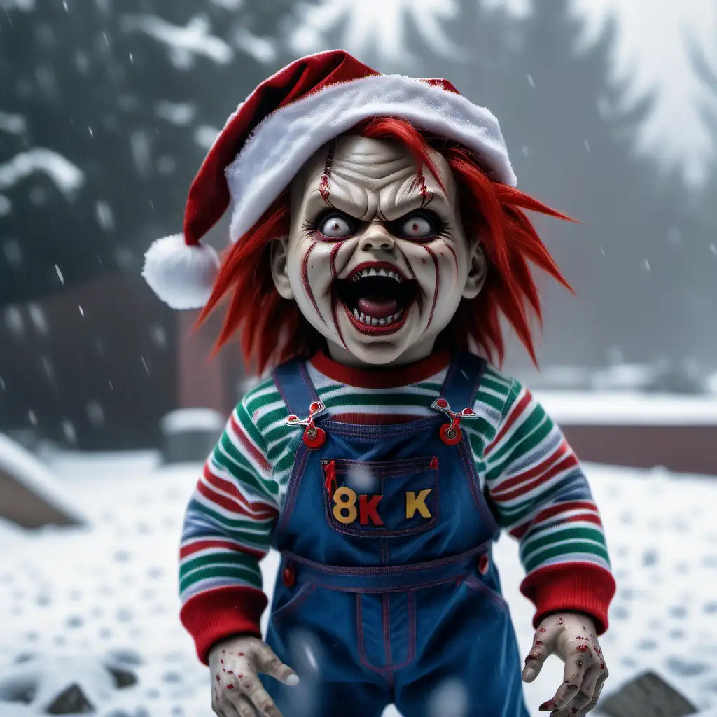 Chucky Doll Queen as Santa in Ultra Realistic 8K Photo on a Snowy Day
