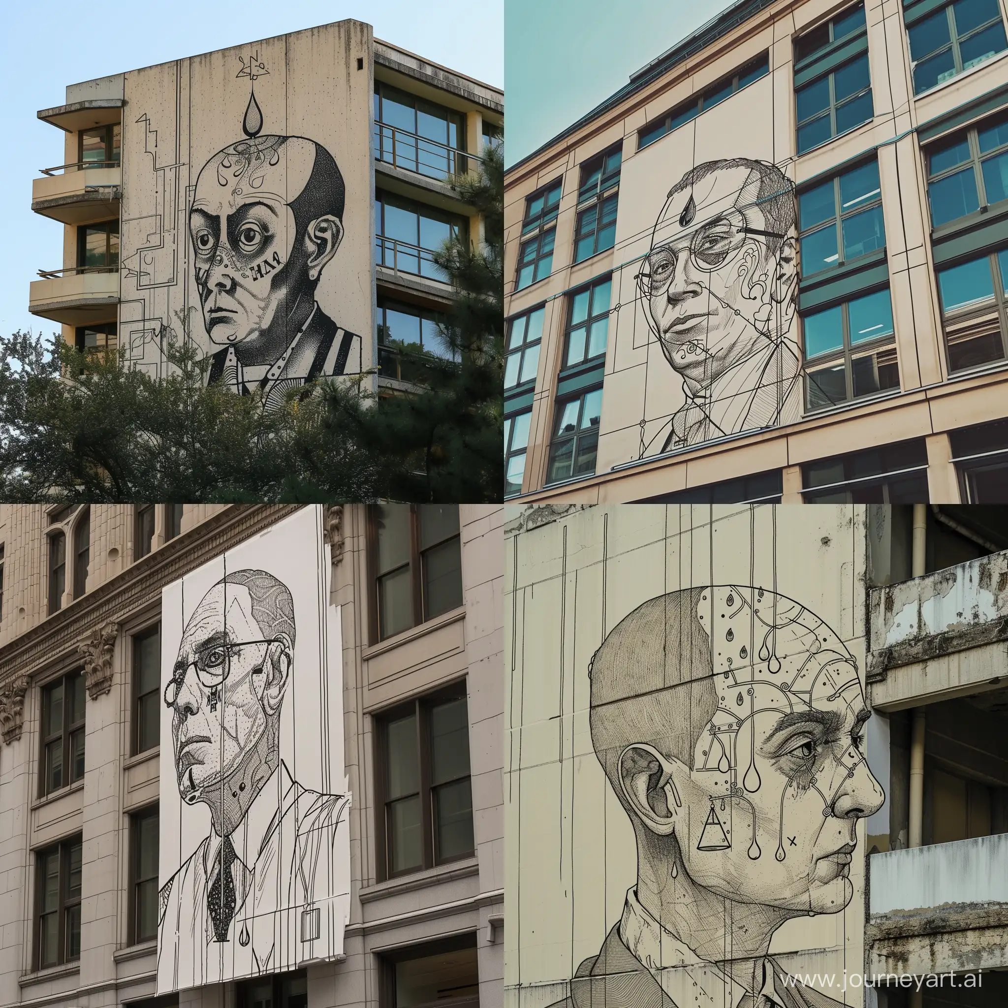 a building with a drawning of a judge from court with a tatto of drop on  his face
