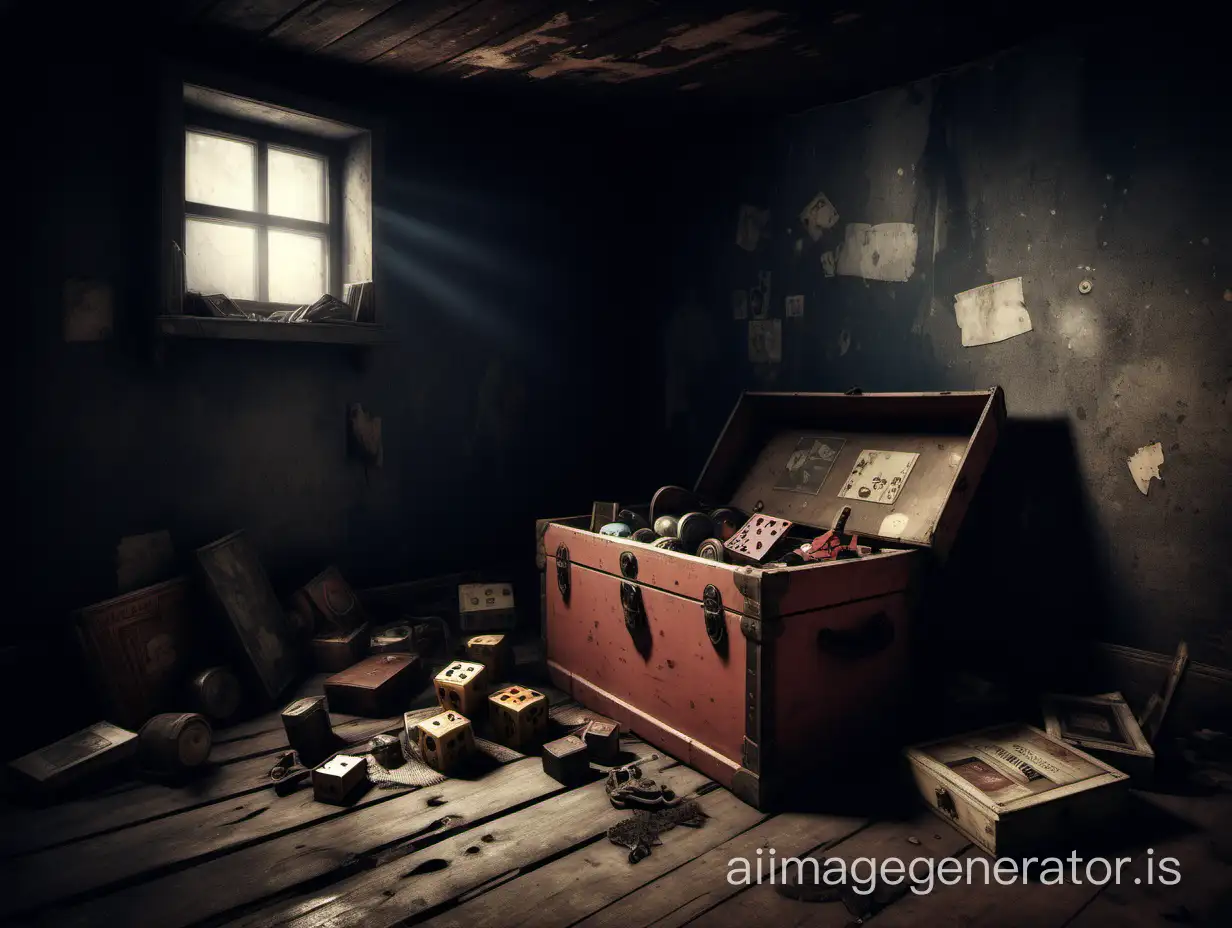 dark, dusty attic, some old games abandoned in a corner, an old trunk, realistic effect