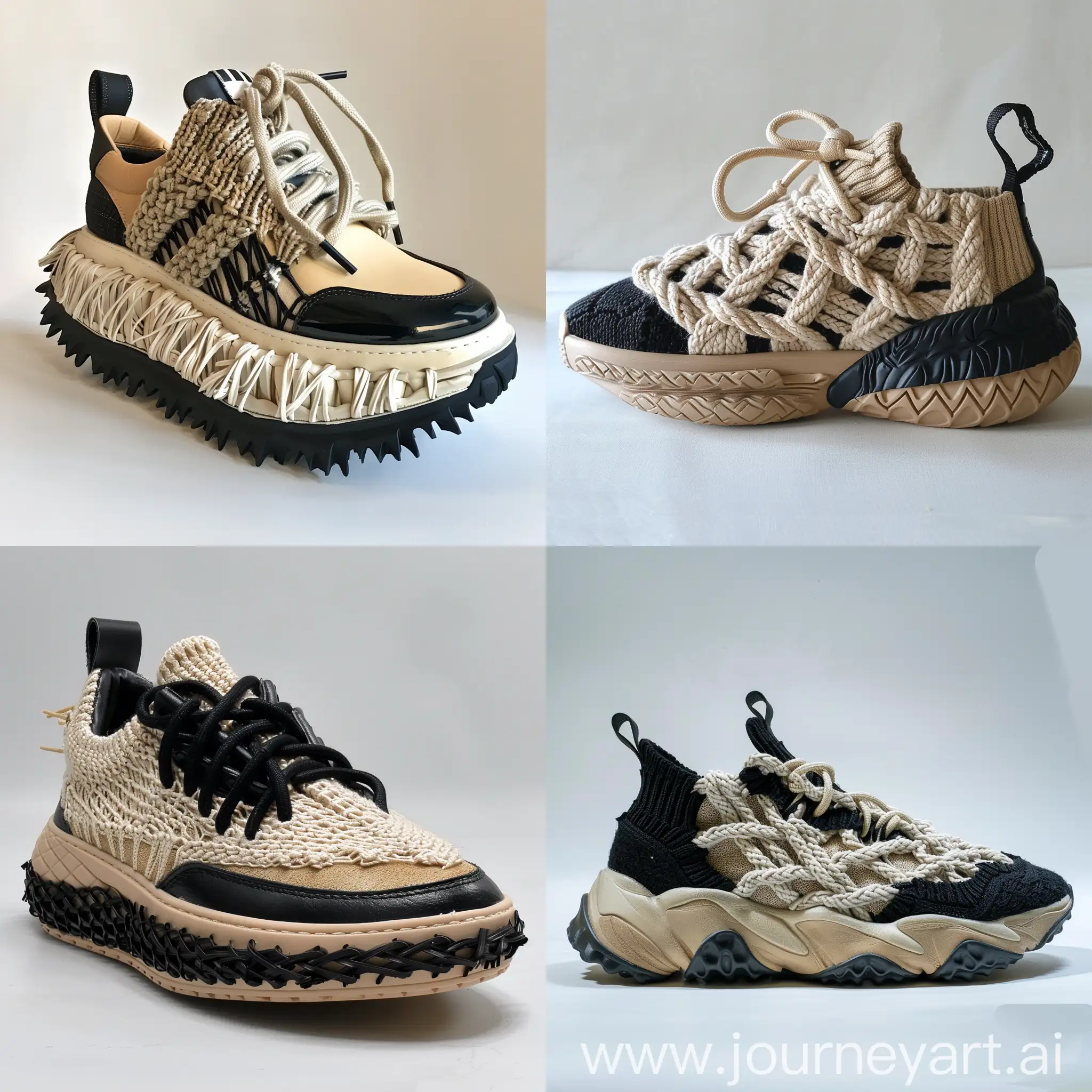 Sneakers design , inspiration by turtle , some knitted cables on it , rubber midsole , basic wide midsole , leather upper , chunky , trendy , color black/light beige , knitted laces , low neck