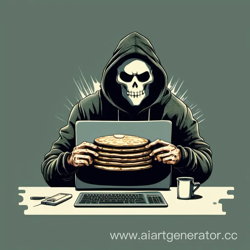 Хакер сидит за компьютером и ест блины