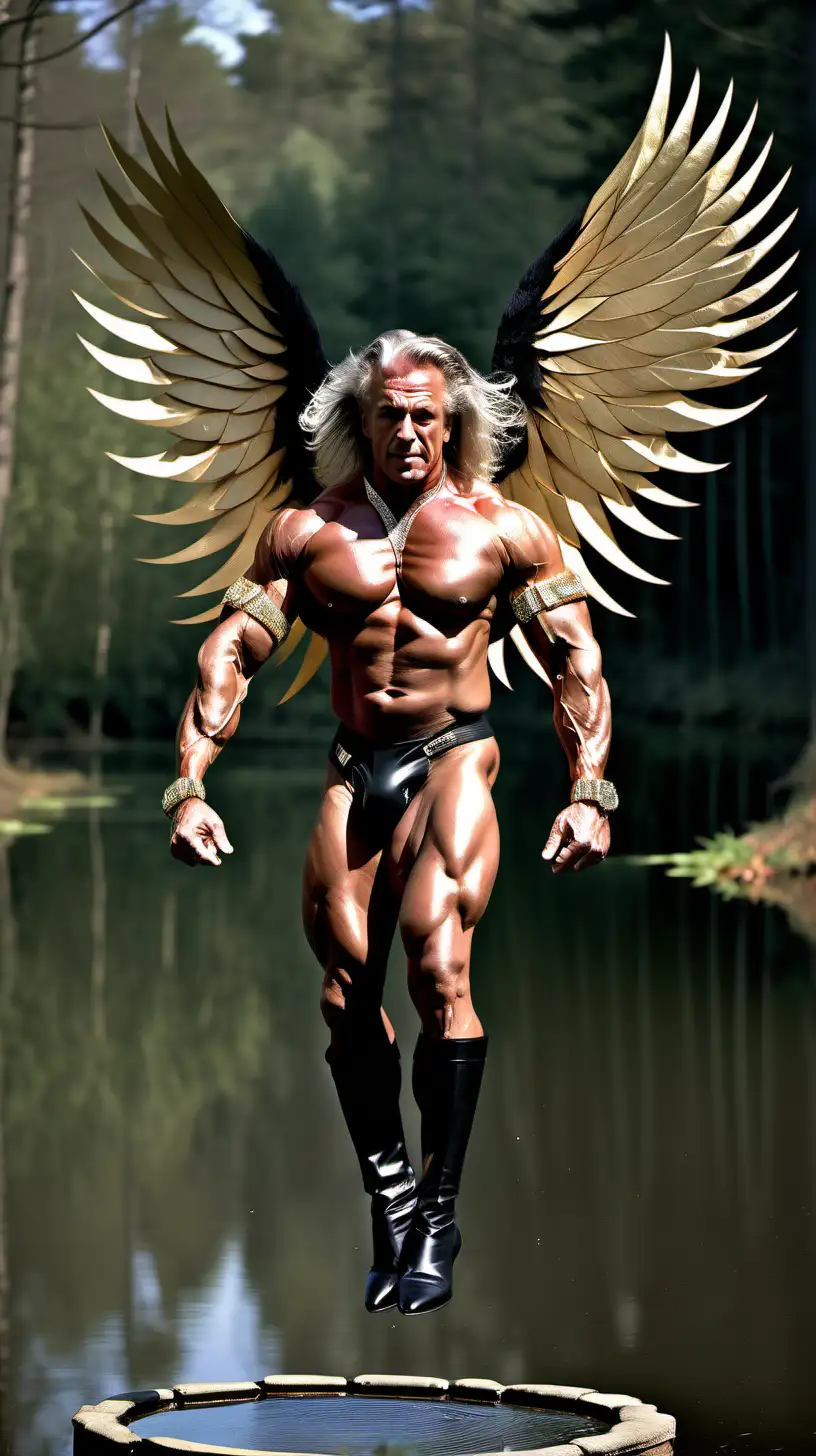 powerful male god who is very muscular grandad male bodybuilder who ((flying, hovering, levitating above a pond in a forest, holding a fireball)). Black latex underware, long grey thinning hair. black tall thigh high boots that go over the knee with gold spikes, stiletto heels, wide gold belt, statement gold chain. Athletic body, slim waist. Very muscular thighs and muscular quads. (Black pvc G-string) showing tanned and muscular legs . Worlds biggest bodybuilder, steroids, veins popping, gold spiked gauntlets, wind blowing. Most muscular bodybuilder ever.. ., clean shaven. Gold spike epaulettes. Looks like peter stringfellow. ((Big diamond hawk wings)), (( diamond arm bands)), gold metallic thigh bands, gold horns