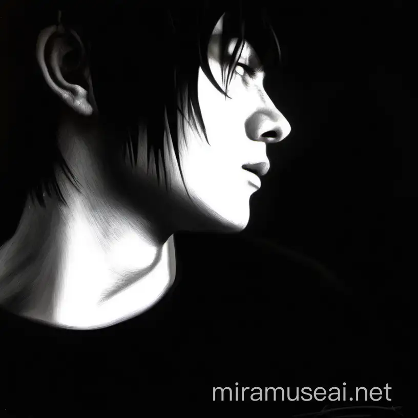 black and white, hyperrealistic, young man, black hair, black jaket