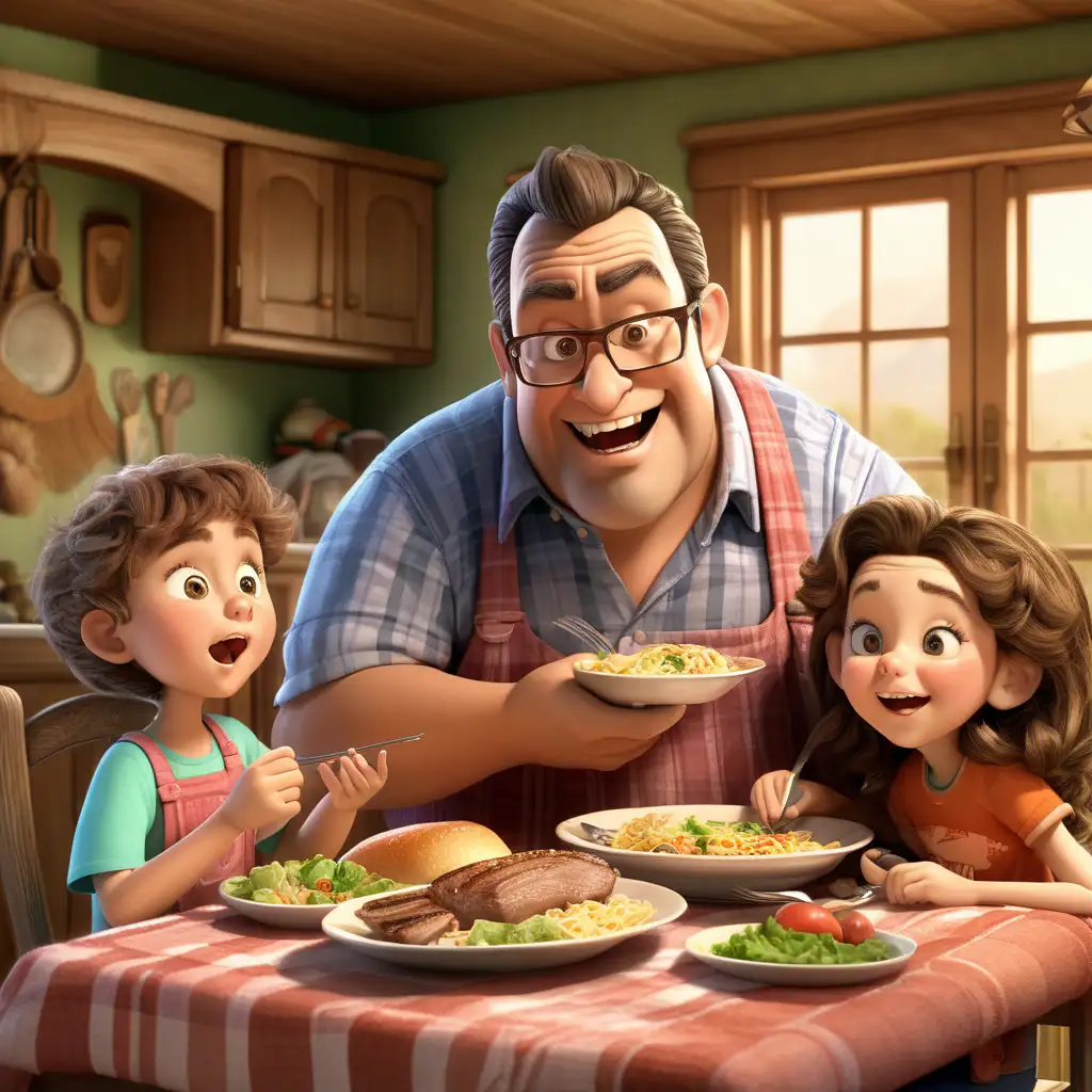 Heartwarming Family Dinner Scene with Hardworking Father and Kids