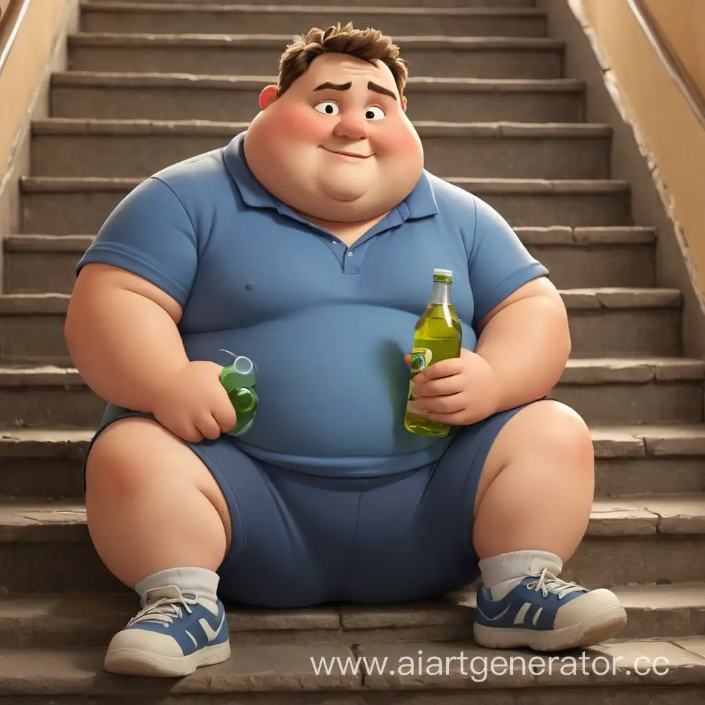 Cheerful-Cartoonish-Man-Relaxing-on-Stairs-with-a-Bottle