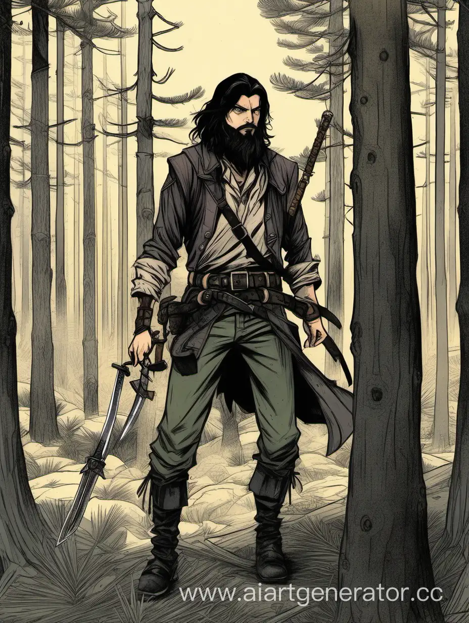 Молодой мужчина с бородой и длинными черными волосами разбойник с луком и кинжалами и сумками на поясе в одеянии стоит посреди елового леса