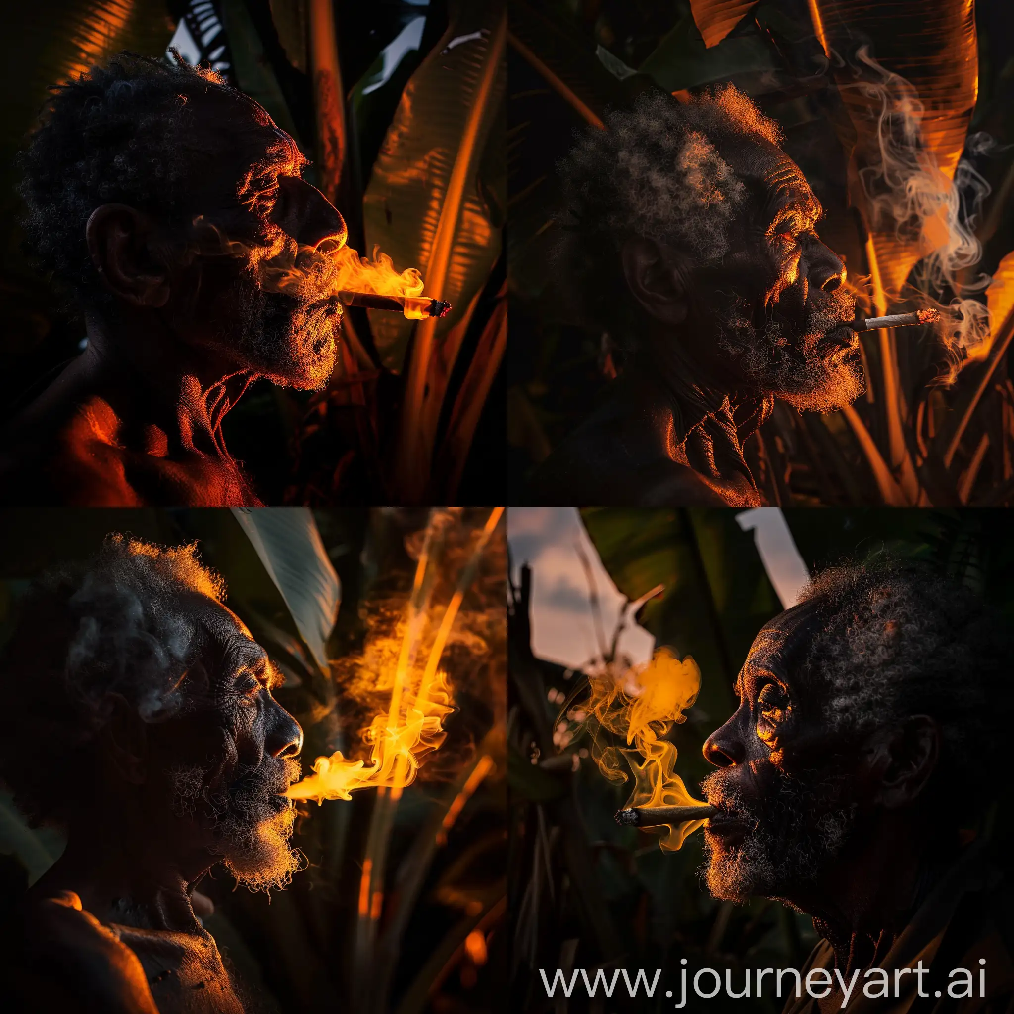 portrait of an Old rastafari man smoking in dark banana plantation at sunset.
his face is lit from the side, the smoke is hit by orange light from the sunset