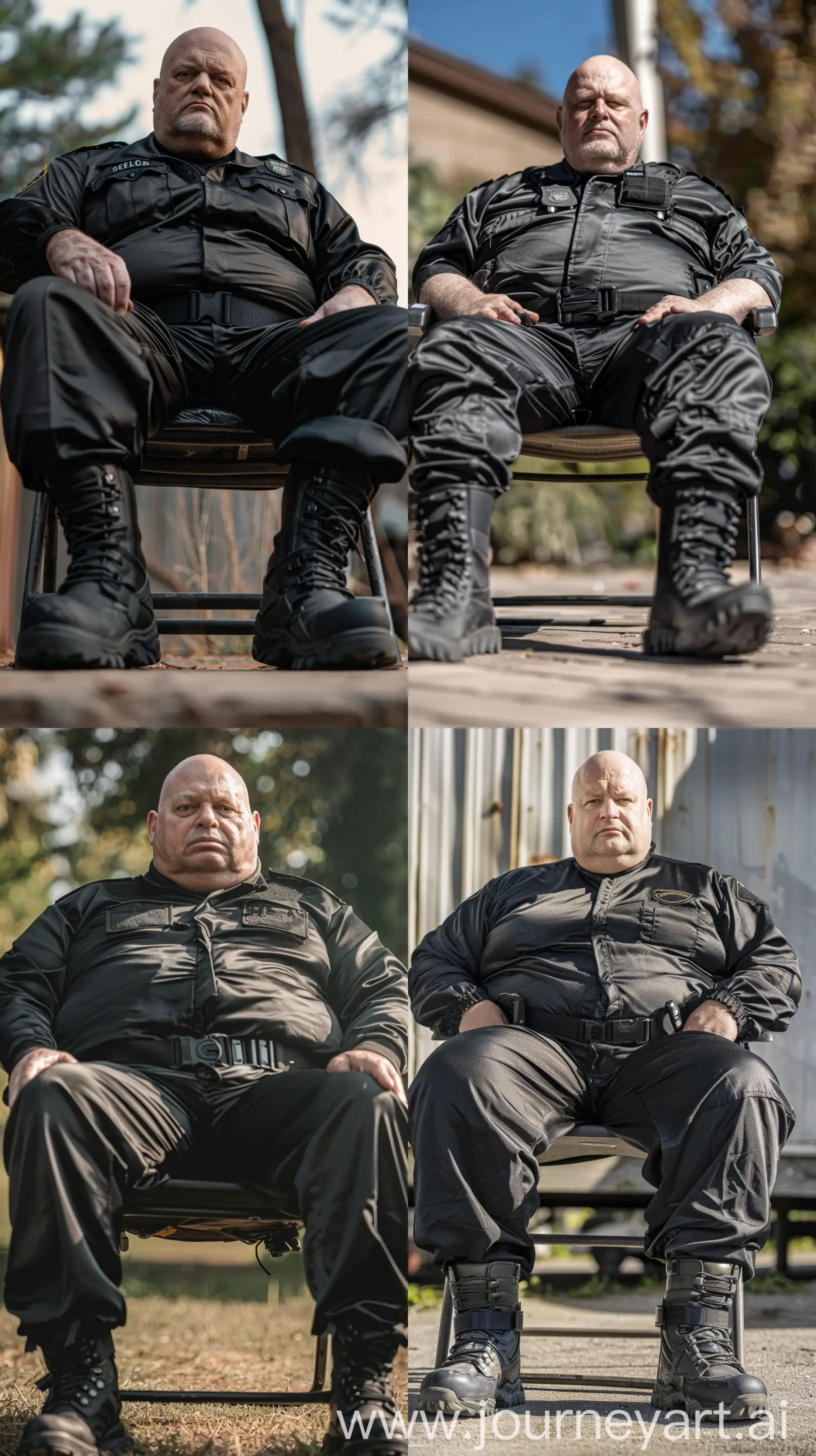 Close-up front view eye-level photo of a fat man aged 60 wearing a silk black security guard skinny-fitted full coverall tucked in black tactical hiking boots. Thick black tactical belt. Sitting in a char. Outside. Bald. Clean Shaven. Natural light. --style raw --ar 9:16
