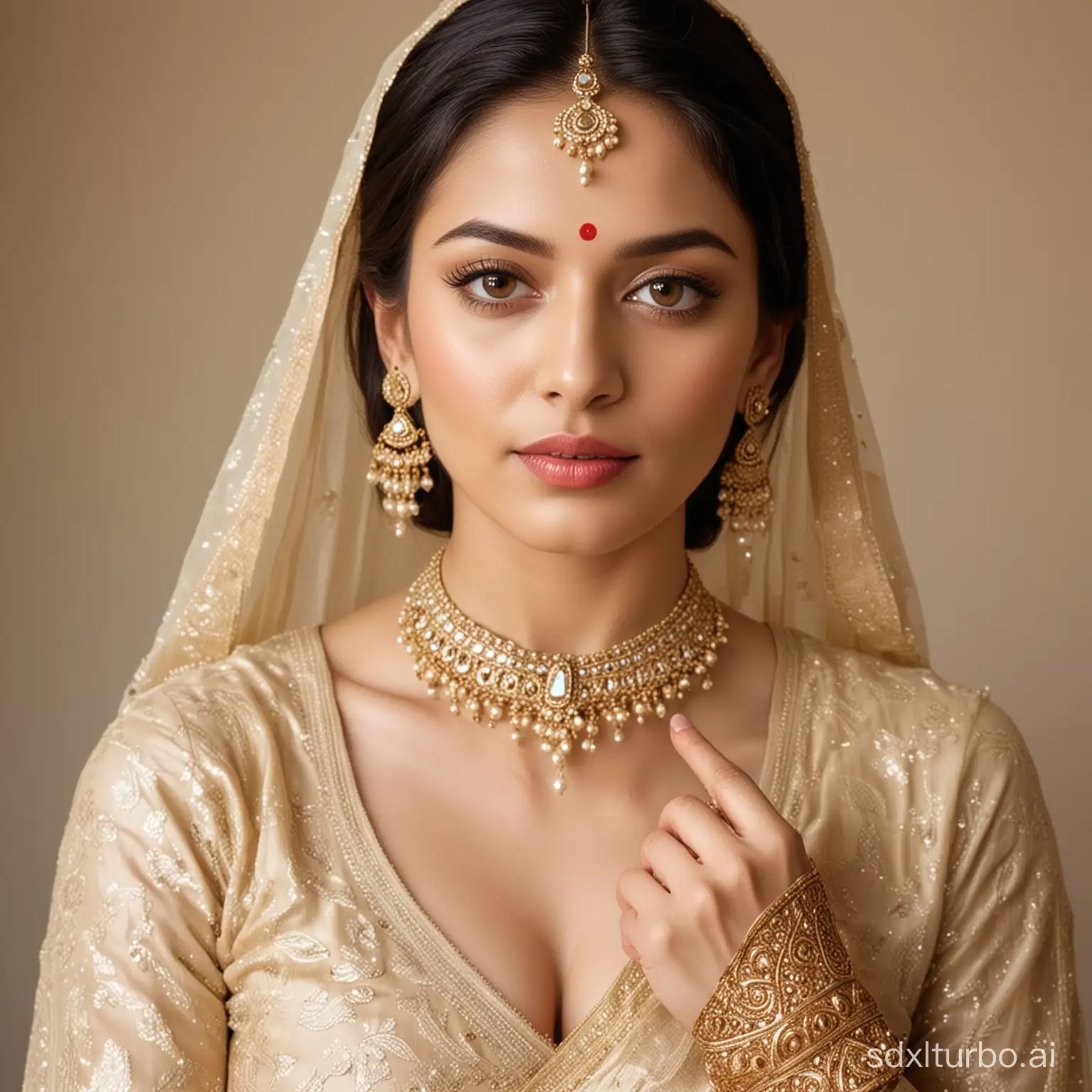 indian lady with pale skin getting ready for a party wearing luxurious embodied natural colour traditional expensive clothing