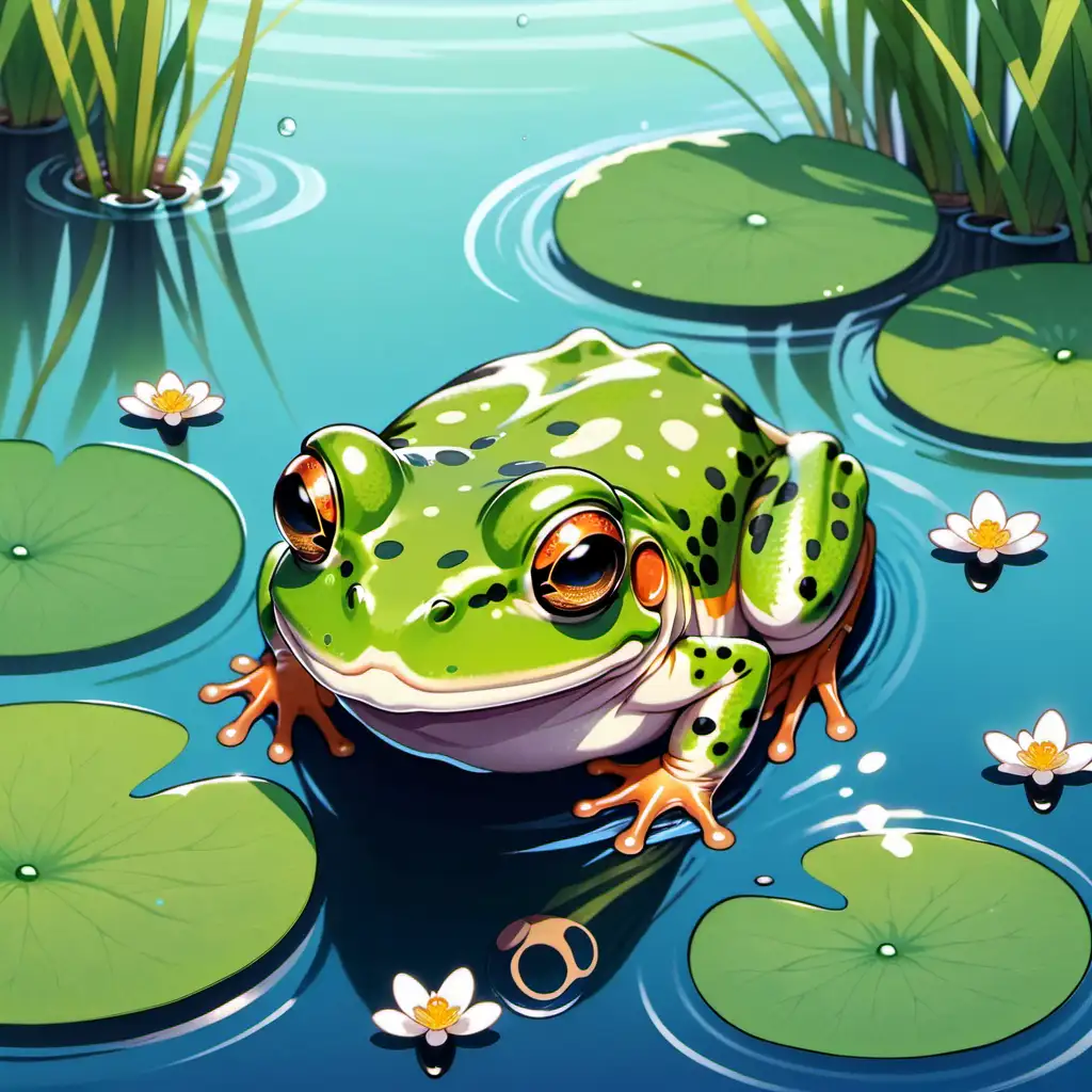 Adorable Japanese Pond Frog Illustration Playful NihonAmagaeru Frolicking in Pond Habitat