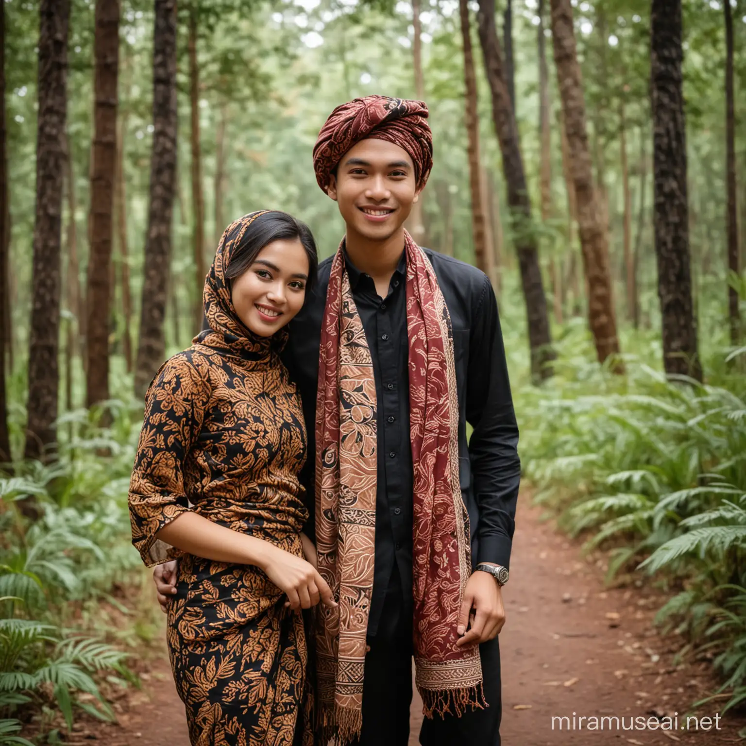 pre-wedding photo of a 19 year old Indonesian woman and man, the man is wearing batik and black pants, the woman is wearing very beautiful make-up, wearing natural slightly reddish lipstick, wearing batik, wearing a headscarf and wearing a sarong, posing as if walking, and smiling , Pine forest background.