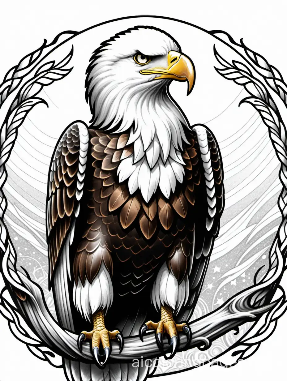 Bald Eagle, fantasy, ethereal, beautiful, Art nouveau, in the style of Yossi Kotler,, Coloring Page, black and white, line art, white background, Simplicity, Ample White Space. The background of the coloring page is plain white to make it easy for young children to color within the lines. The outlines of all the subjects are easy to distinguish, making it simple for kids to color without too much difficulty