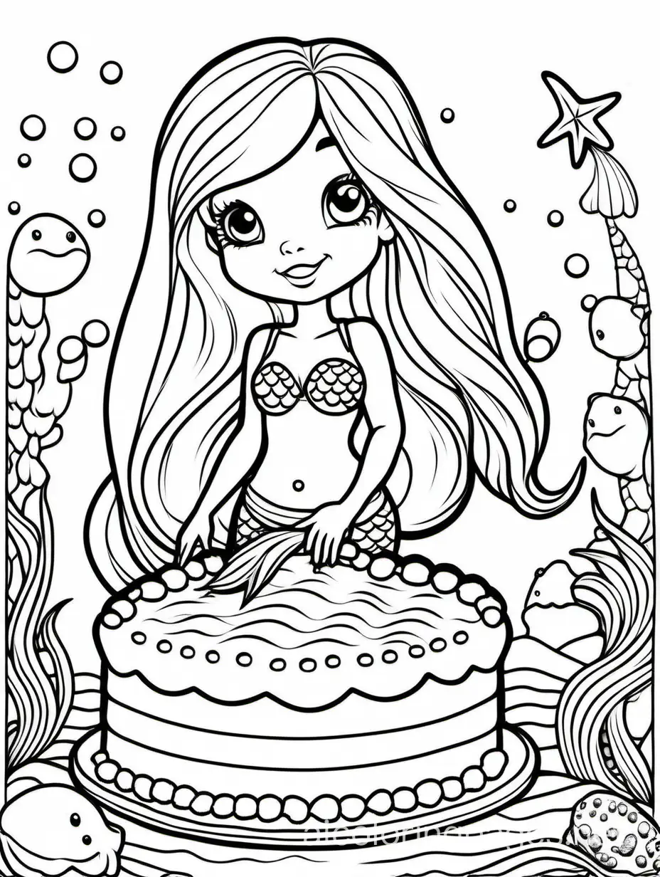 mermaid too full after eating too much cake, Coloring Page, black and white, line art, white background, Simplicity, Ample White Space. The background of the coloring page is plain white to make it easy for young children to color within the lines. The outlines of all the subjects are easy to distinguish, making it simple for kids to color without too much difficulty