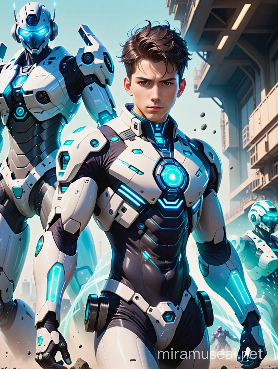 A handsome young man in a system outfit and boue energy surging out from his body, and system mechs behinds him looking cool