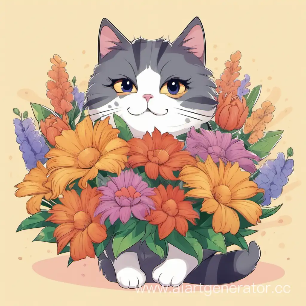 Кот с большим букетом цветов