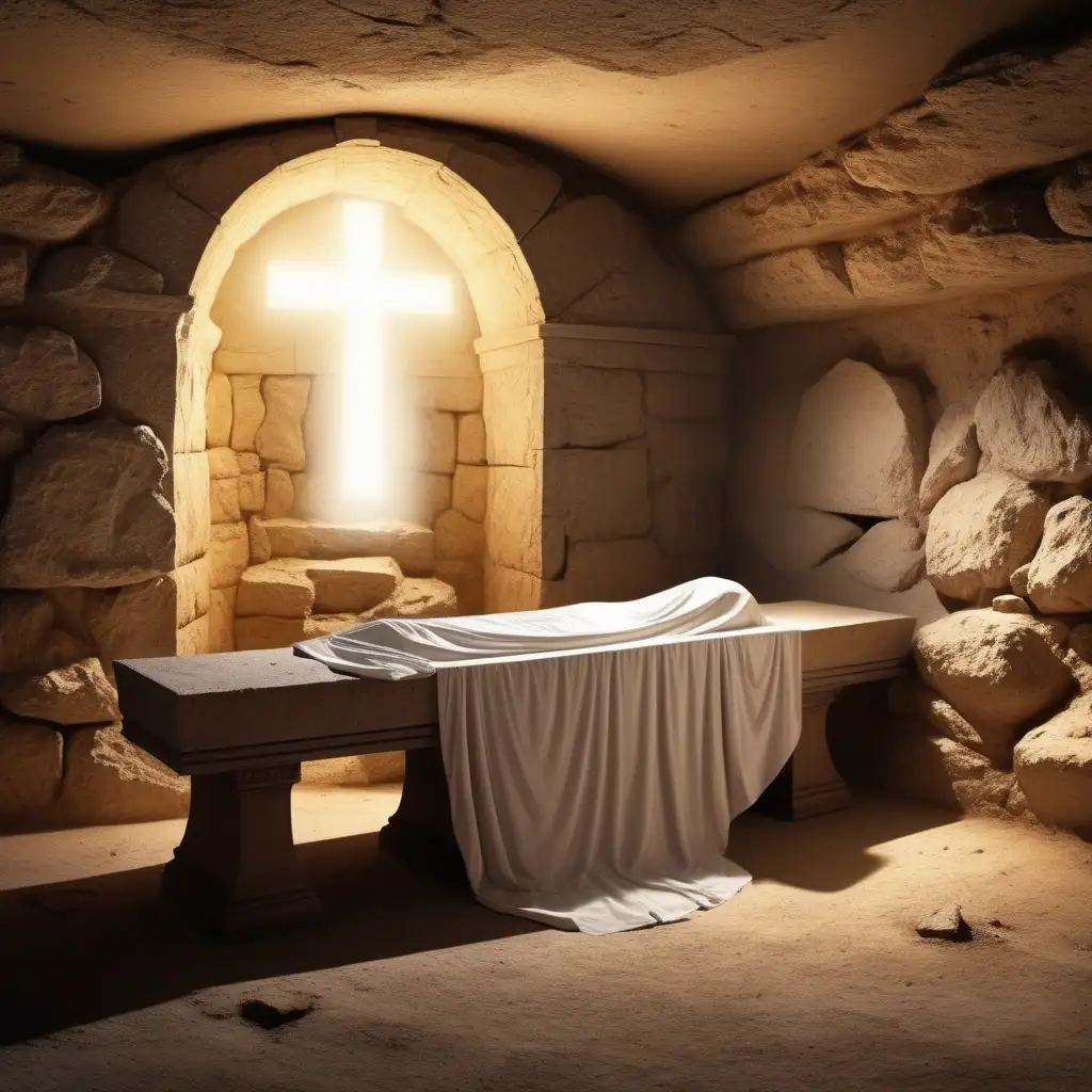 Muerte en la cruz y resurección de Jesucristo tumba vacia reflejando que el vencio la muerte, se ve una especie de tumba antigua solo con sabanas 