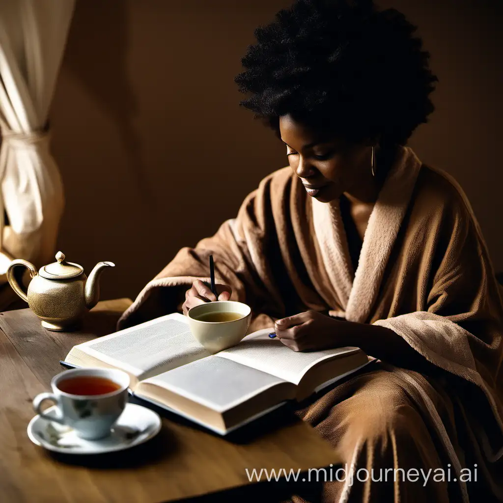 black woman in robe writing in book, drinking tea, relaxing, earthtones