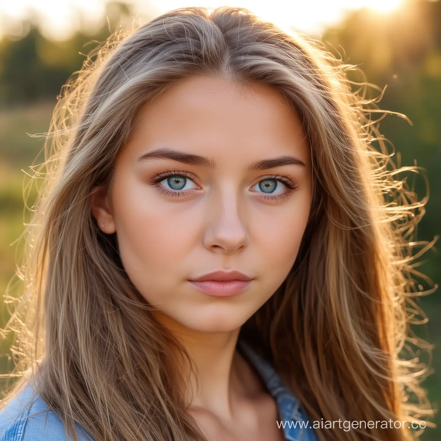 Девушка лицо красивая серо-голубые глаза русые волосы природа на фоне