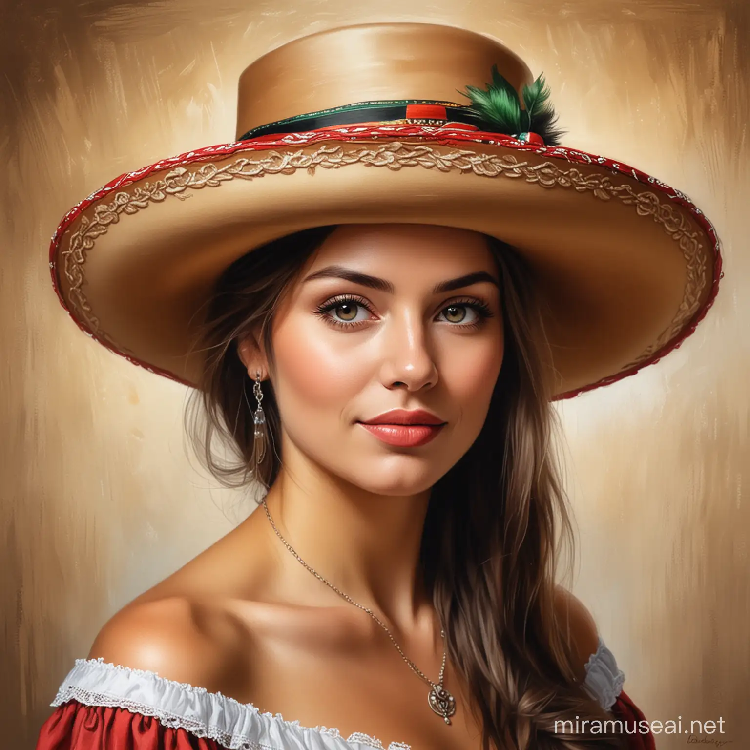 Beautiful Hungarian woman portrait painting in a tradition hat