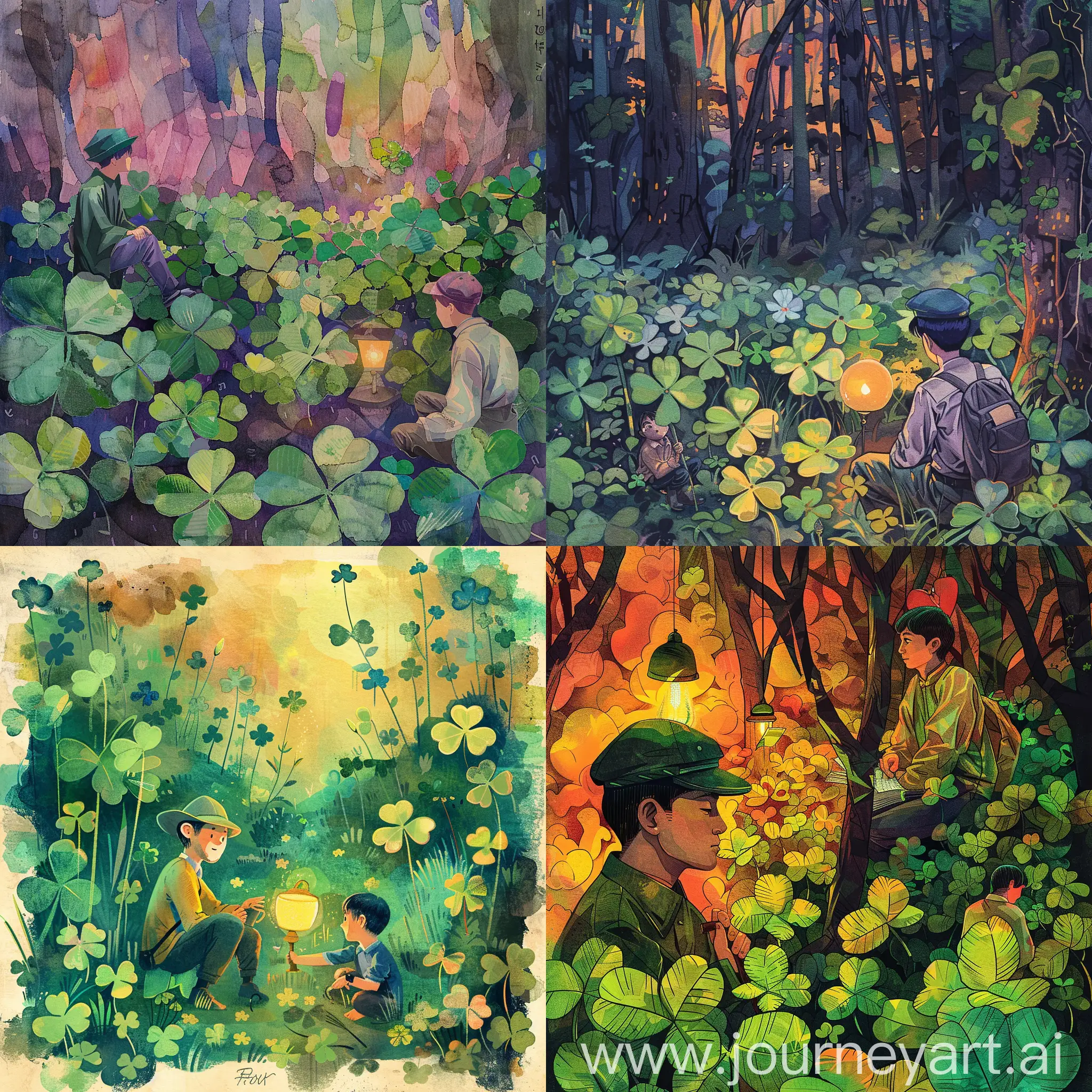 Fantastic exploration world , japan 1 cap on scholar man, boy 2, hunting, forest, clover flowers jungle fields, clover flowers kingdom, ((clover flowers lamp light on numbers tag)), clovers looking sitting on the side, humor, and sense of adventure of the characters on a quest in a vibrant and colorful fantasy setting.  illustration, acrylic, abstract shapes, grained texture, procreate, watercolor, illustrator, hand drawn, grained, textured