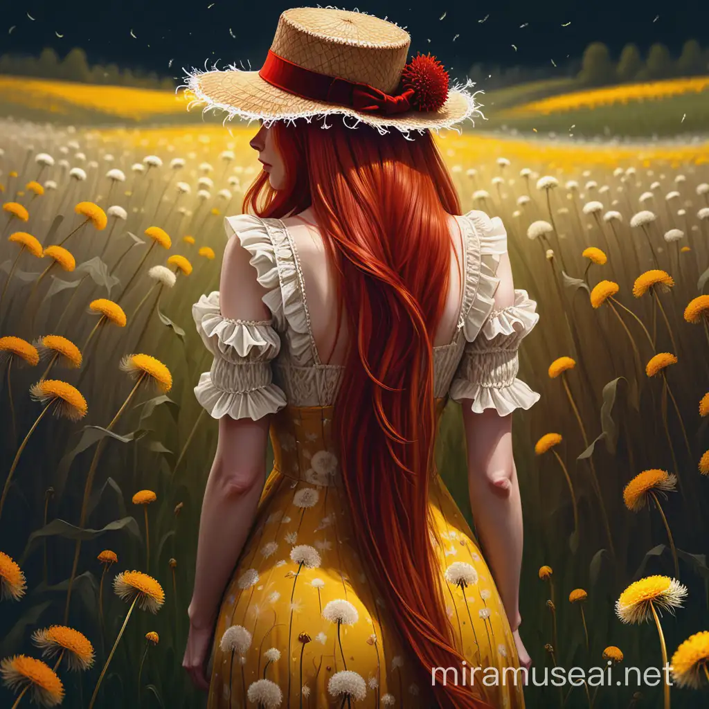 A beautiful woman, from behind, with highly detailed dress, standing up in a field of long dandelions. Long red hair, hat on paille. A white  floral top. Background field of dark yellow flowers. Digital painting, 8k, fantasy, illustration,digital illustration, fantasy art