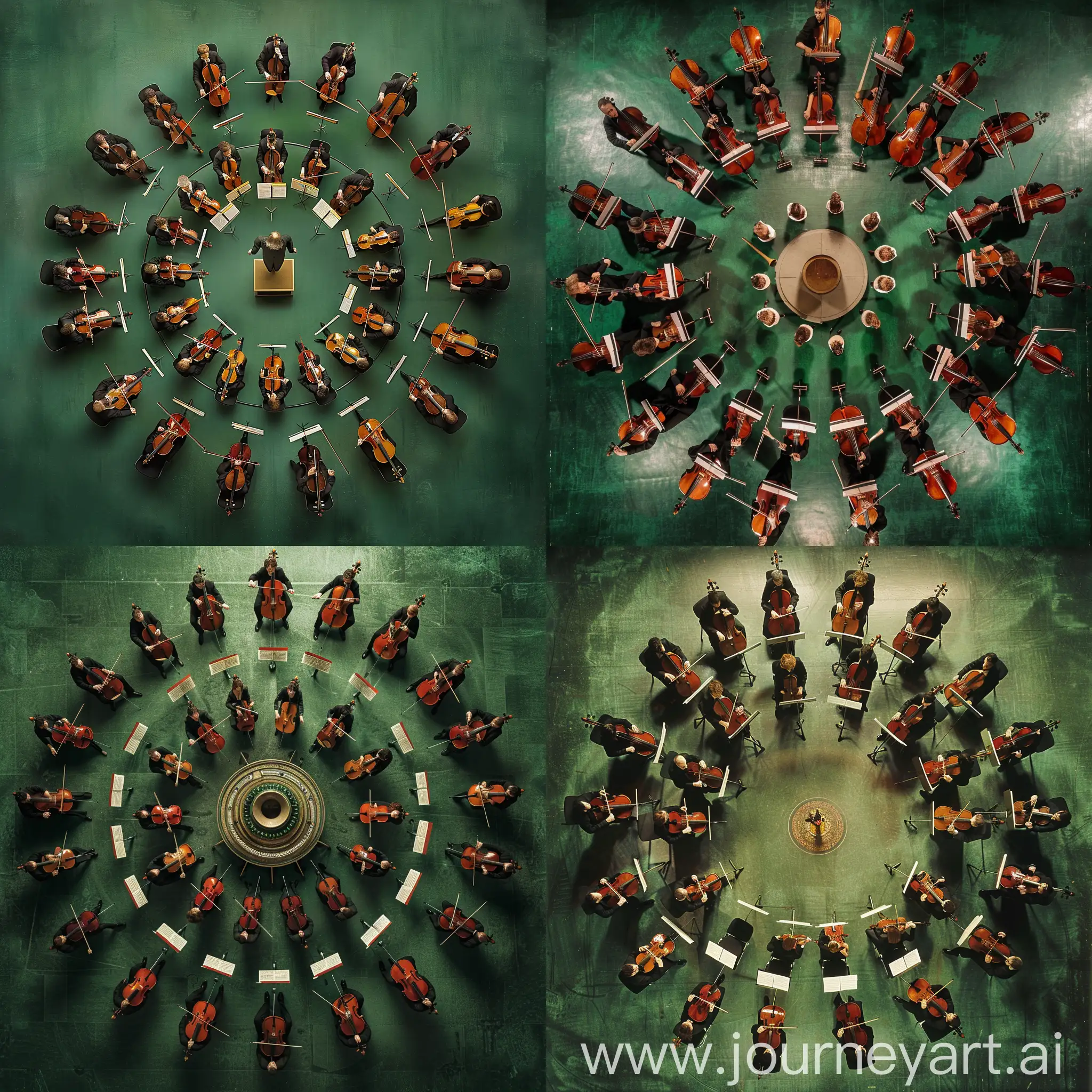 Give me an overhead view of an orchestra photographed at a 70 degree angle to the floor and seated in a circle around a center with a green background.