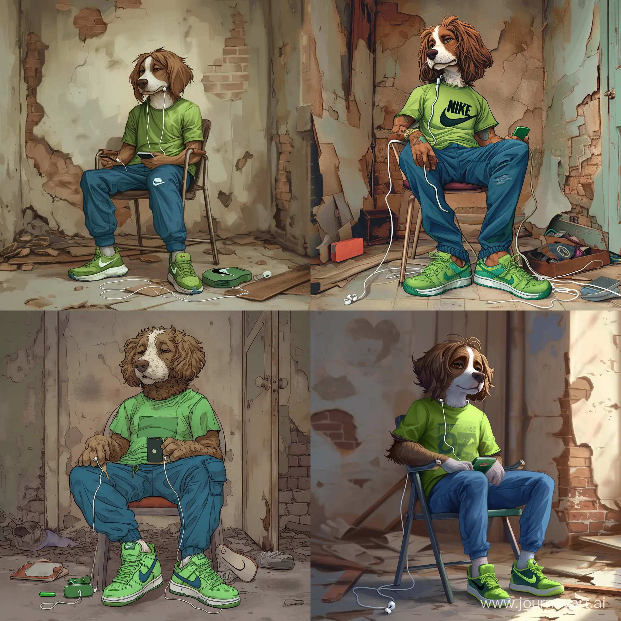 make a dog with green tshirt, blue pants brown hair and airpods and mobilephone. He have green nike shoes and he are sitting and chilling on a chair in a emty room