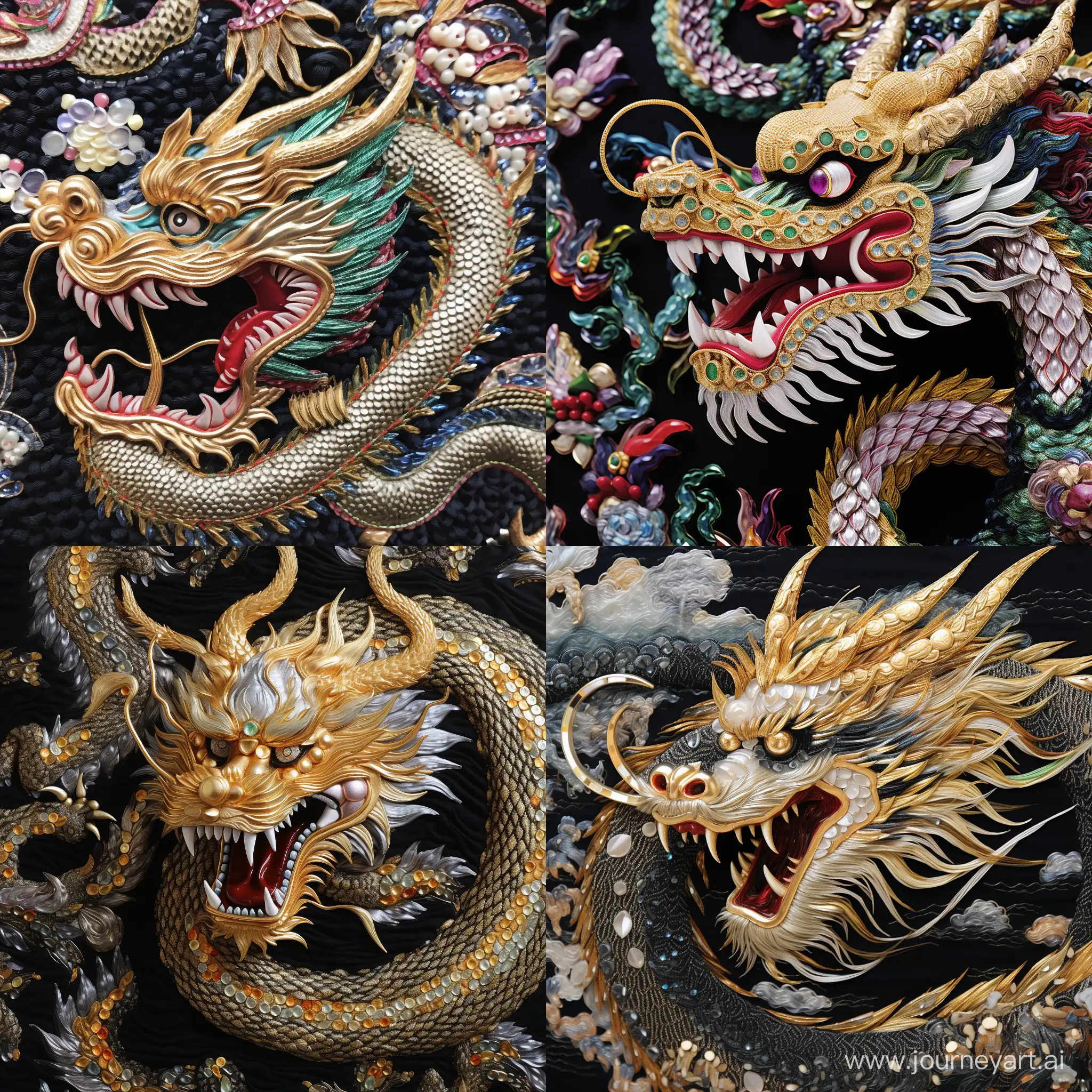 Japanese dragon, Glas beads embroidery , miyuki Rocailles, Sequins embroidery, rhinestones,  French Bullion Wire, spangle , full-size dragon, 64K, iconic shapes and patterns, sharp focus, Ai masterpiece Japanese dragon, Glas beads embroidery , miyuki Rocailles, Sequins embroidery, rhinestones,  French Bullion Wire, spangle , full-size dragon, 64K, iconic shapes and patterns, sharp focus, Ai masterpiece