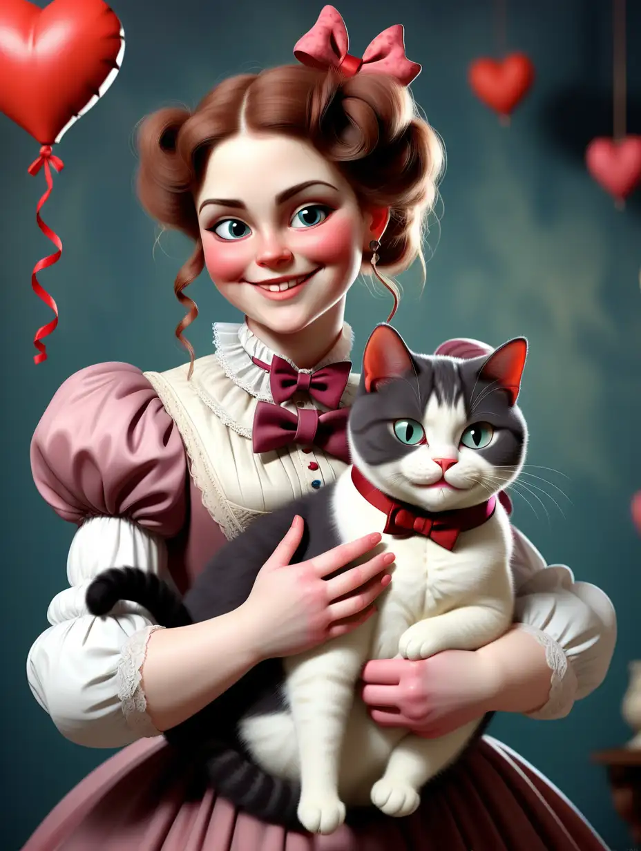 A beautiful woman in victorian dress holding a fat funny cat with a bowtie in her hands smiling with a Valentine day theme