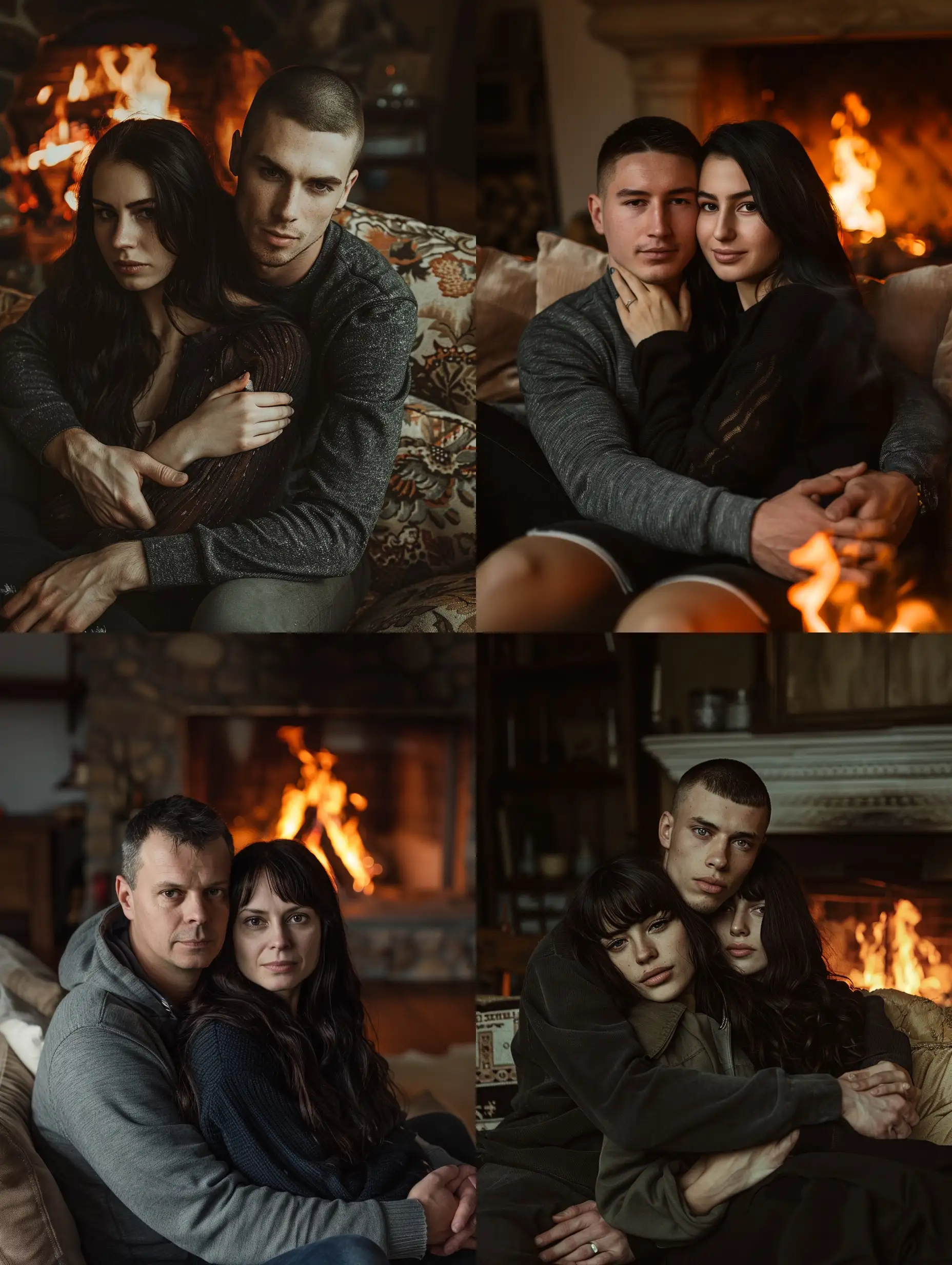 A man with a short haircut and a woman with dark long hair sit on a sofa by a burning fireplace in an embrace and look into the camera faces clearly and well visible realistic yoto on camera details