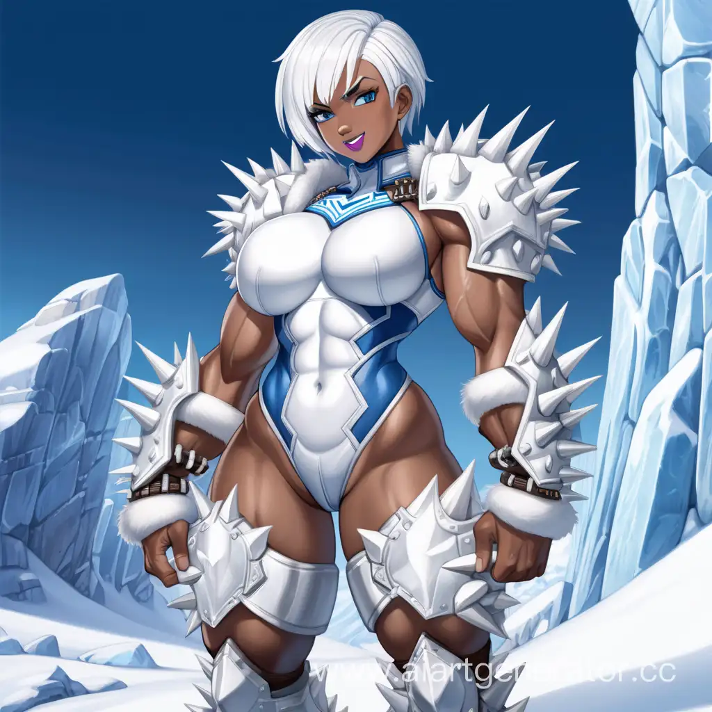 Snow Mountin, 1 Person, Women, Human, White Horns, White Hair, Short hair, Spiky Hairstyle, Dark Brown Skin, White Full Body Suit, Ice Body Armor, Chocer, Ice Chains, Blue Lipstick, Serious smile, Big Breasts, Blue-eyes, Sharp Eyes, Flexing Muscles, Big Muscular Arms, Big Muscular Legs, Well-toned body, Muscular body, Ice 