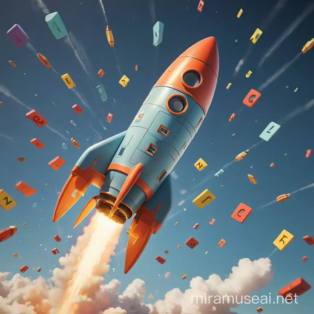 An animated image of a rocket ship flying through the alphabet letters, playful, colorful, DSLR camera, wide-angle lens, minimal post-processing.