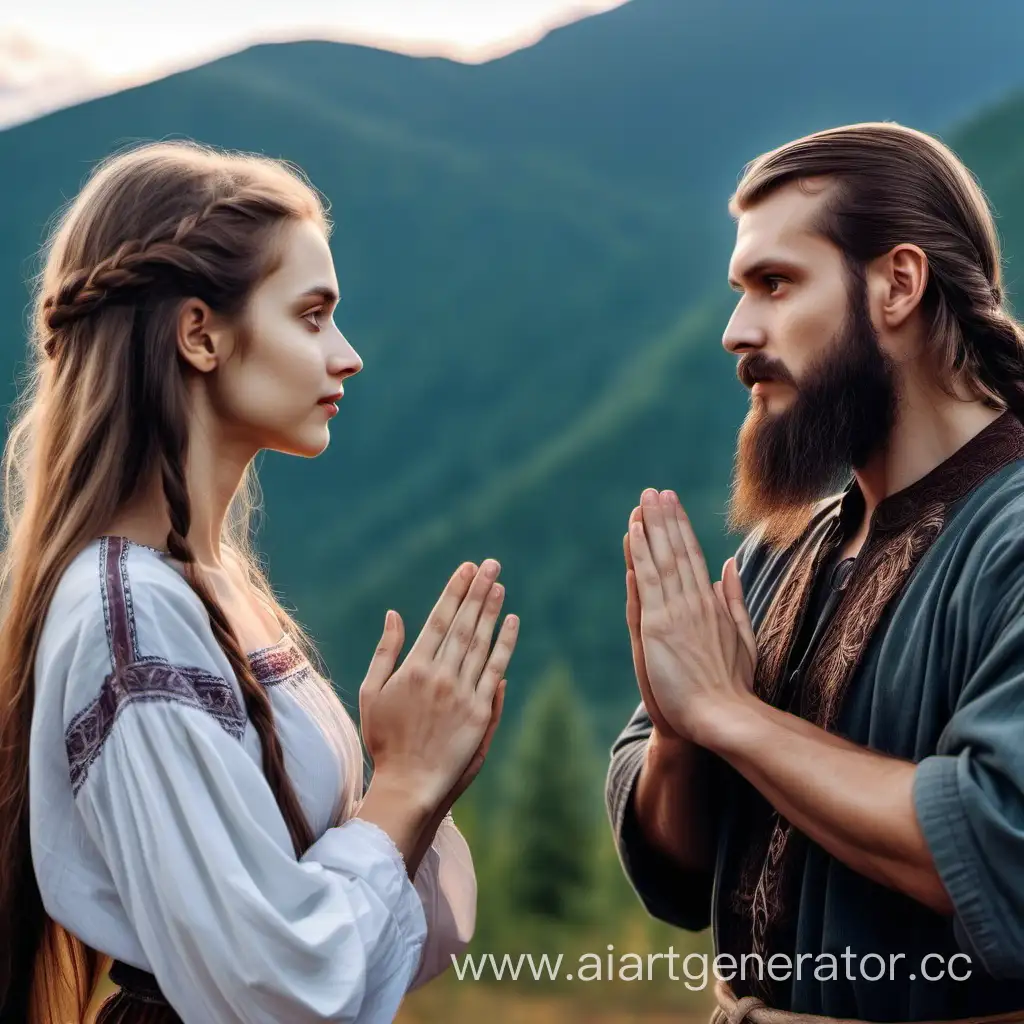красивый славянский мужчина с бородой и длинными волосами смотрит на славянскую девушку держа ее ладони в своих руках перед собой на фоне горного пейзажа