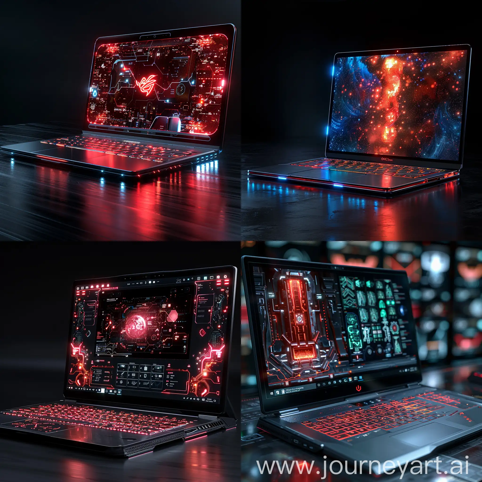 Futuristic laptop, Foldable Display, Holographic Projection, AI Assistant, Biometric Security, Wireless Charging, Modular Components, Eye-Tracking Technology, Enhanced Connectivity, AR/VR Capabilities, Self-Healing Technology, Sleek and Minimalist, Transparent Displays, RGB Lighting, Thin Bezels, Dynamic Patterns, Carbon Fiber Body, Floating Keyboard, Hidden Ports, Adaptive Ergonomics, Innovative Cooling System, Self-Cleaning Surfaces, Nanostructured Materials, Nanoparticle-based Displays, Nanorobotics, Nanoscale Cooling System, Nanophotonic Elements, Nanowire Batteries, Nanoporous Structures, Nano-Integrated Sensors, Nanomaterial Coatings, octane render --stylize 1000