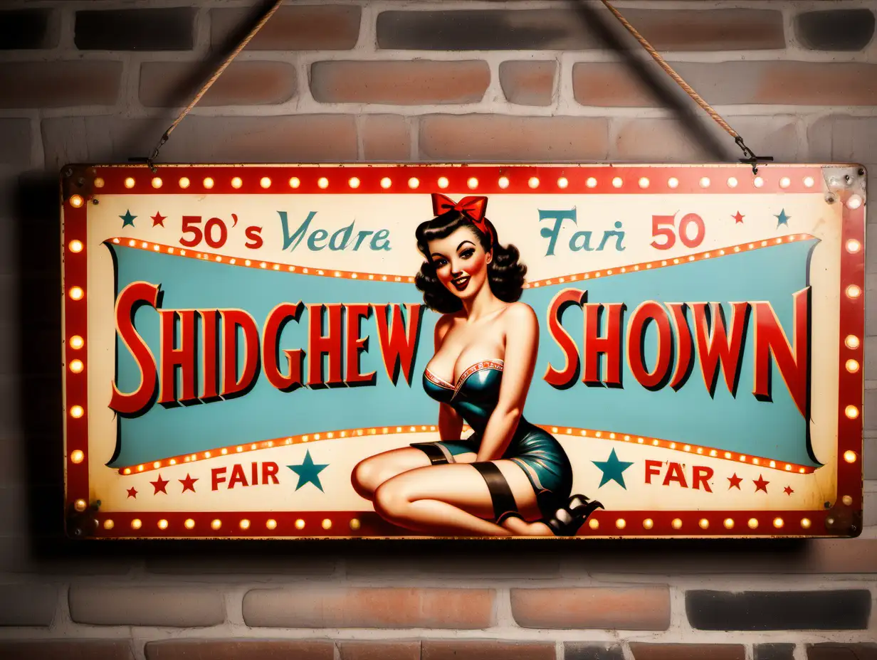 vrectangular intage english fairground sideshow sign with 50s style pinup girl